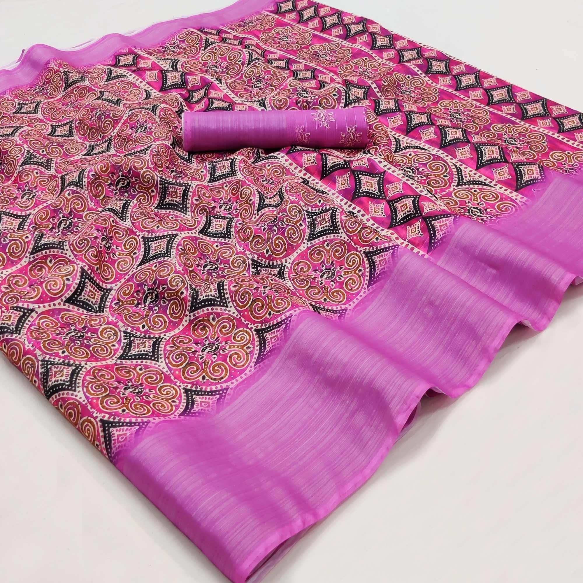 Pink Casual Wear Digital Printed Cotton Silk Saree - Peachmode