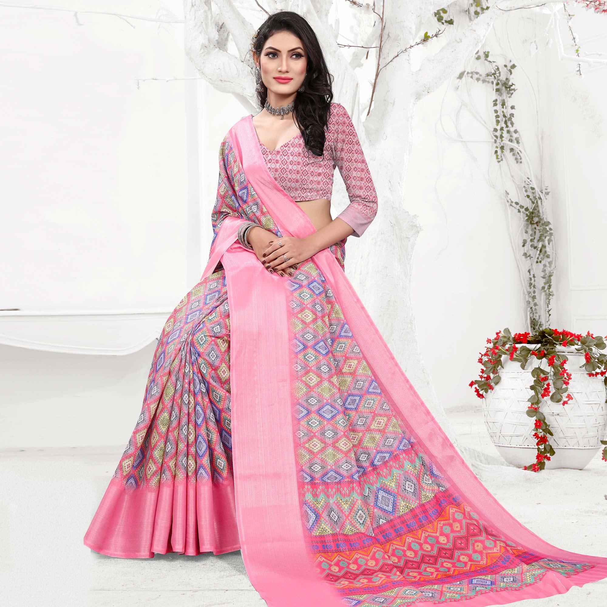 Pink Casual Wear Digital Printed Cotton Silk Saree - Peachmode