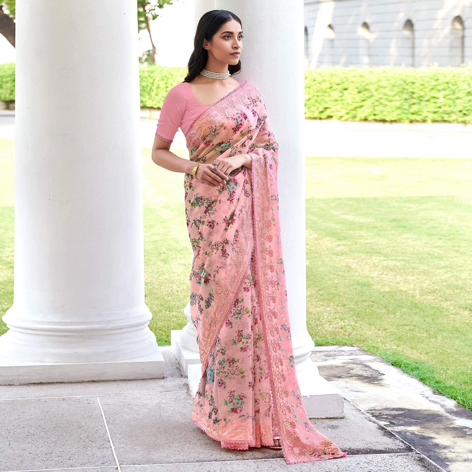 Pink Casual Wear Digital Printed Organza Saree - Peachmode