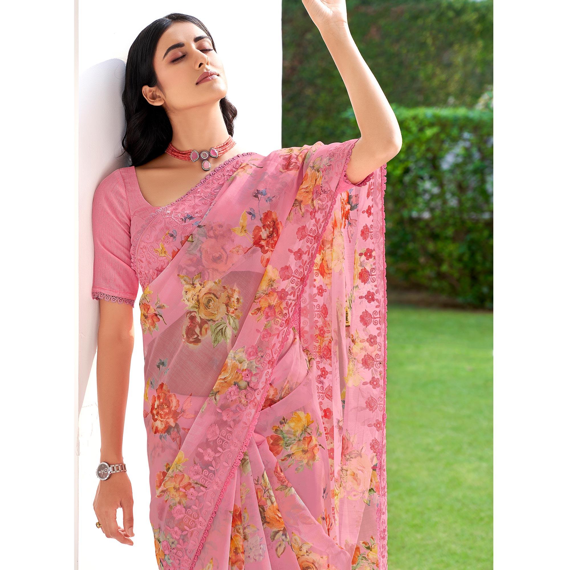 Pink Casual Wear Digital Printed Organza Saree - Peachmode