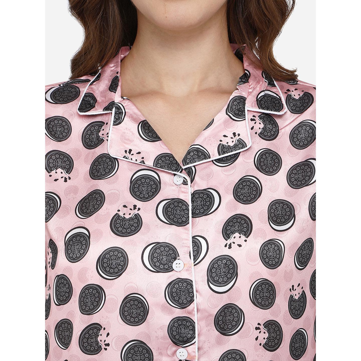 Pink Casual Wear Digital Printed Satin Night Suit - Peachmode