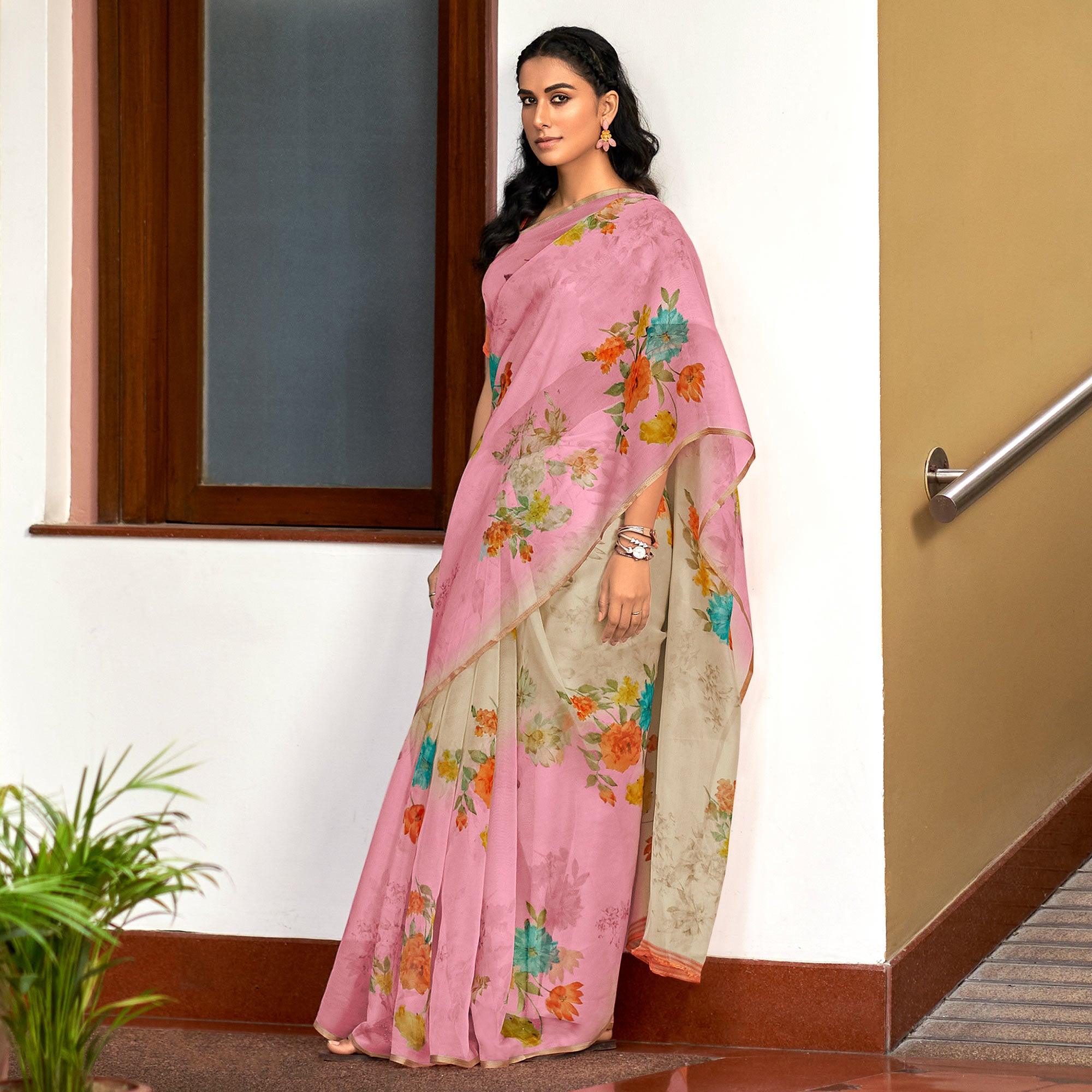 Pink Casual Wear Digital Printed Soft Organza Saree - Peachmode