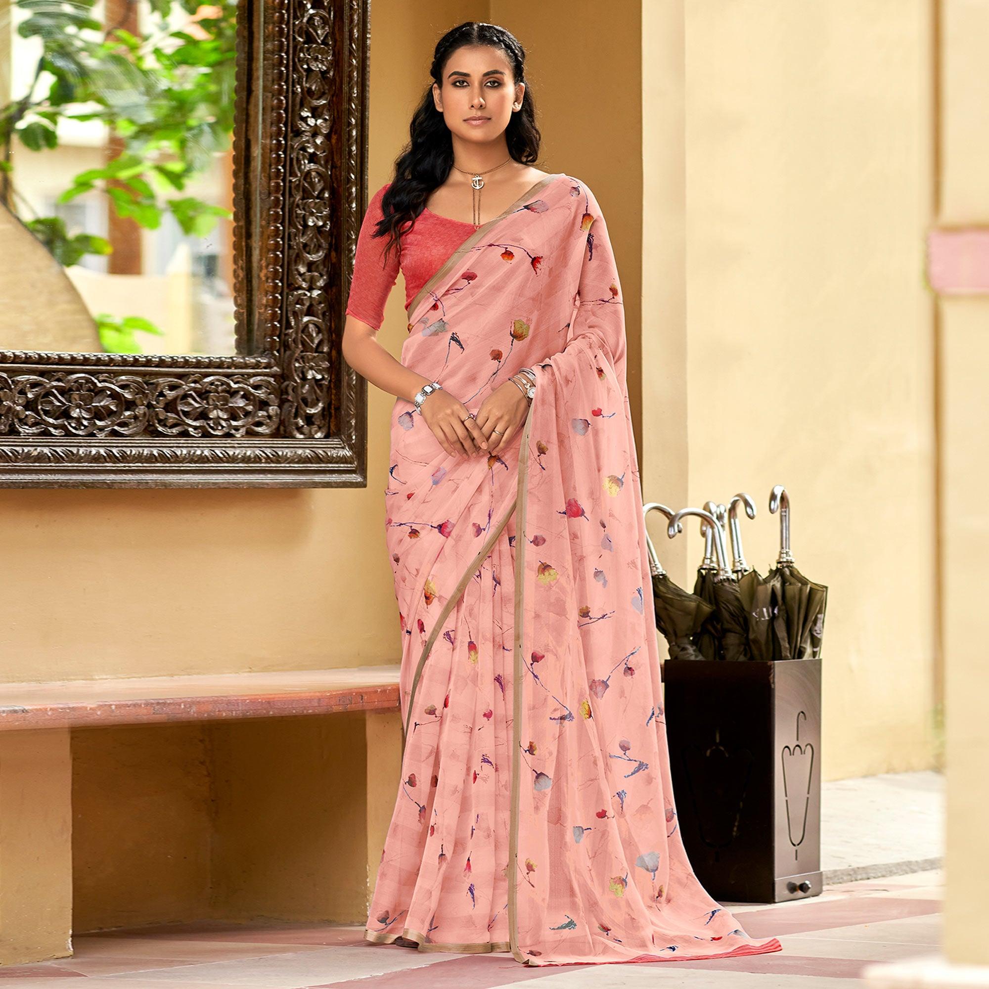 Pink Casual Wear Digital Printed Soft Organza Saree - Peachmode