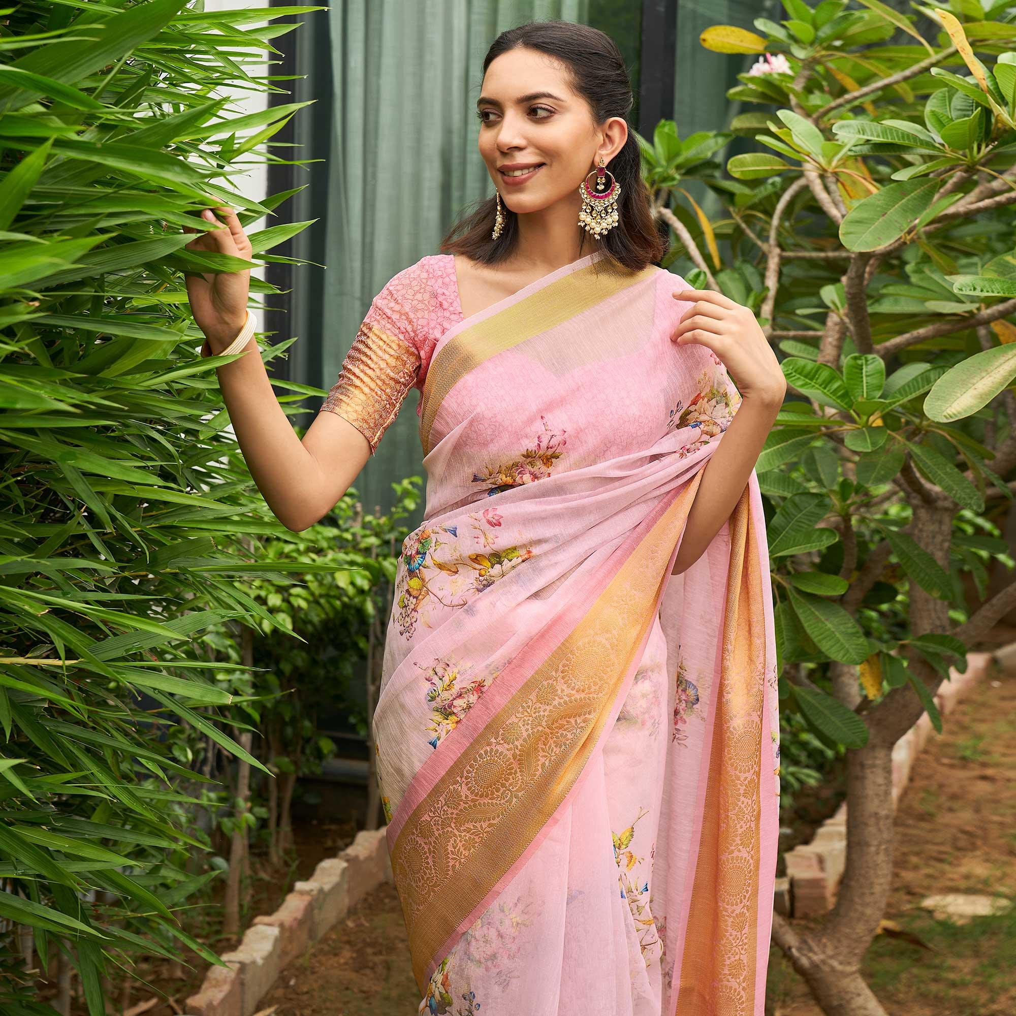 Pink Casual Wear Digital Printed Soft Organza Saree - Peachmode