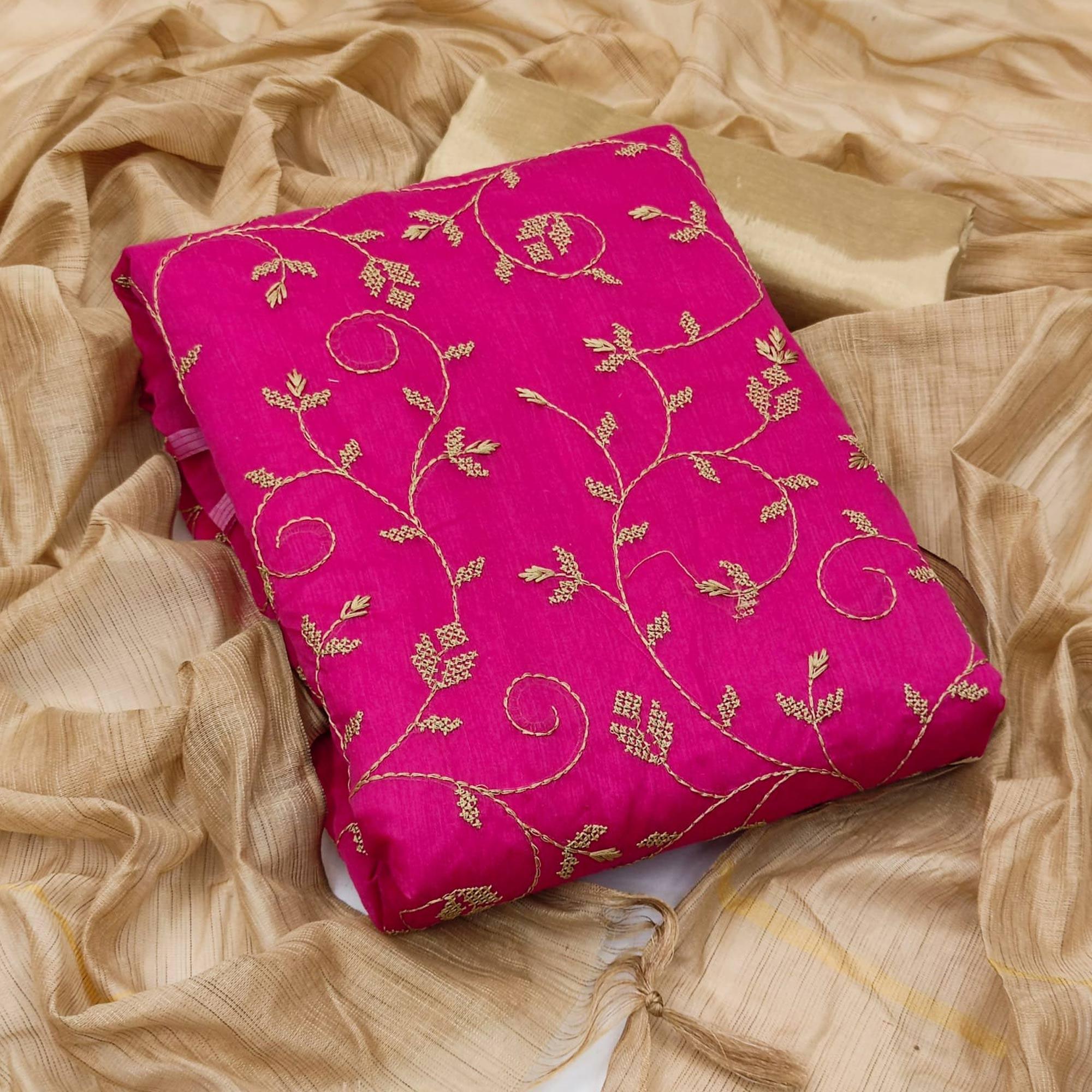 Pink Casual Wear Embroidered Chanderi Dress Material - Peachmode