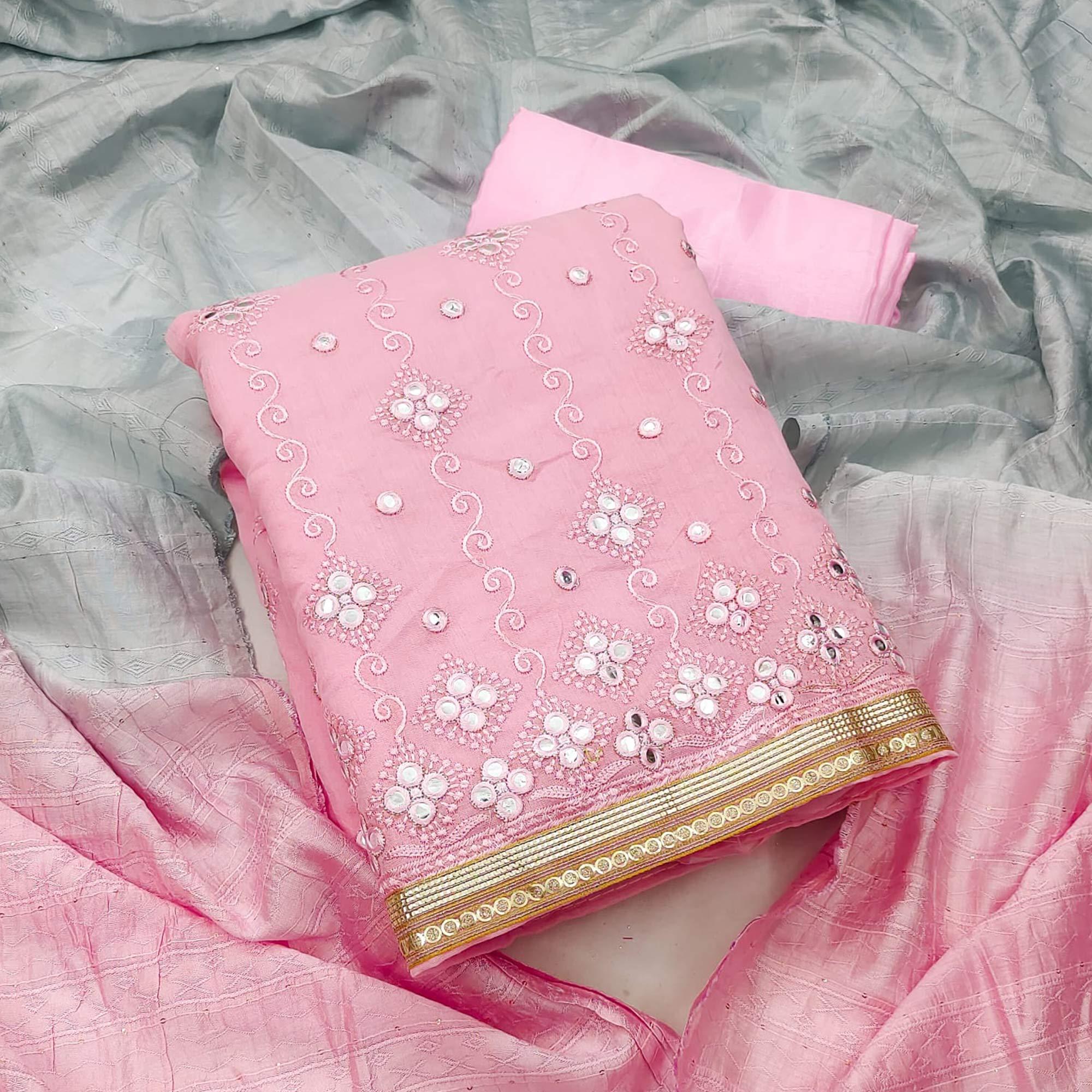 Pink Casual Wear Embroidered Chanderi Dress Material - Peachmode