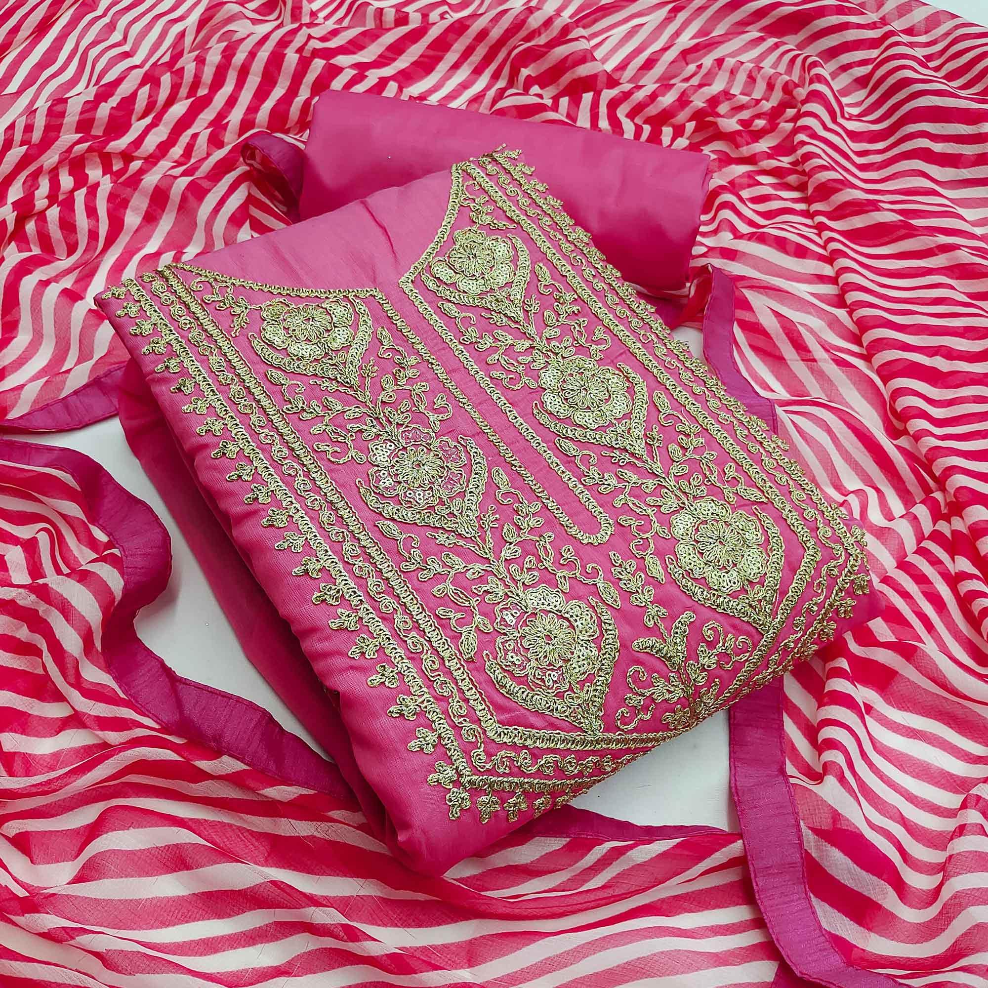 Pink Casual Wear Embroidered Chanderi Dress Material - Peachmode