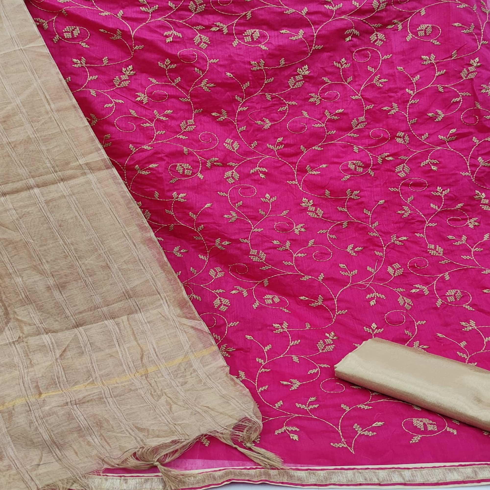 Pink Casual Wear Embroidered Chanderi Dress Material - Peachmode