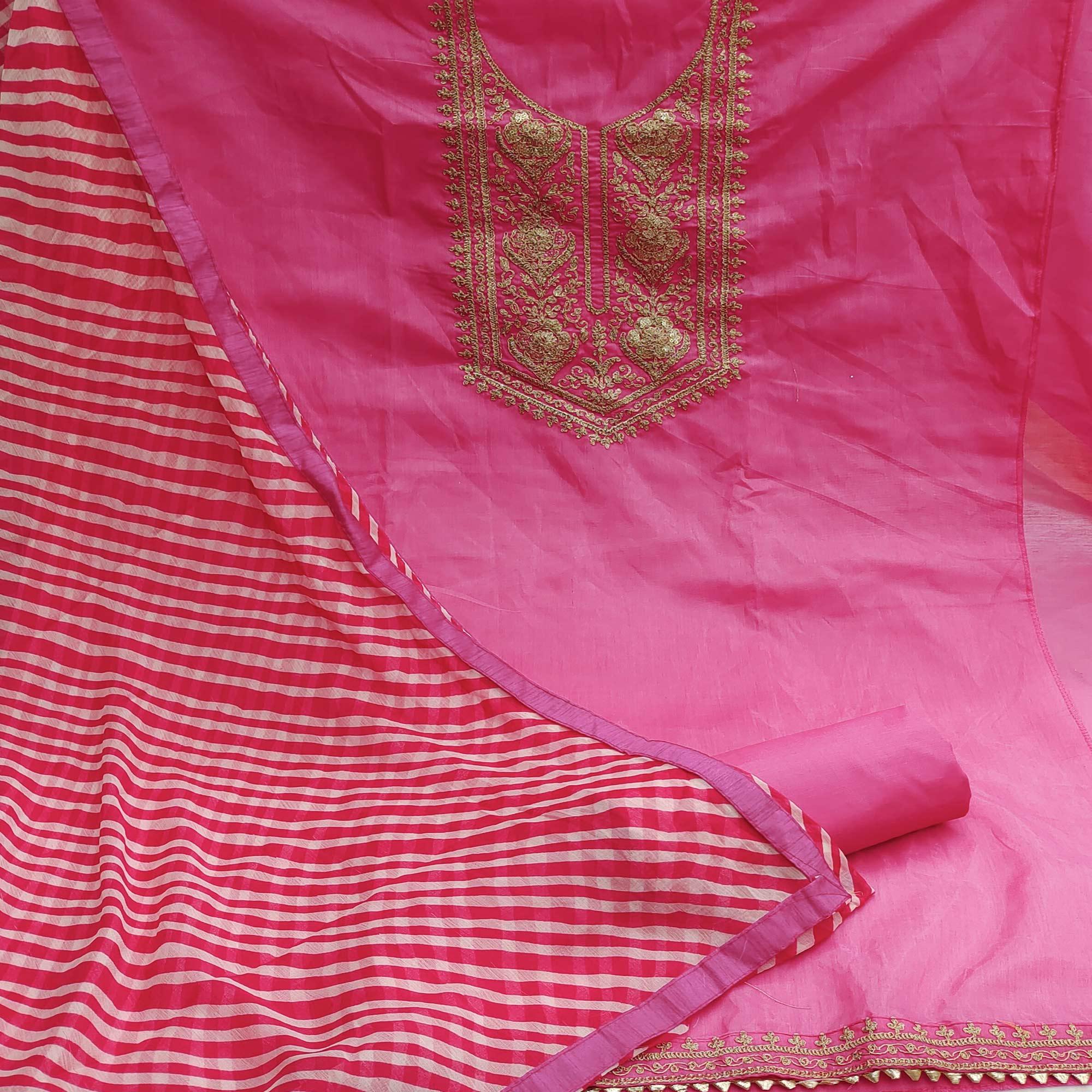 Pink Casual Wear Embroidered Chanderi Dress Material - Peachmode