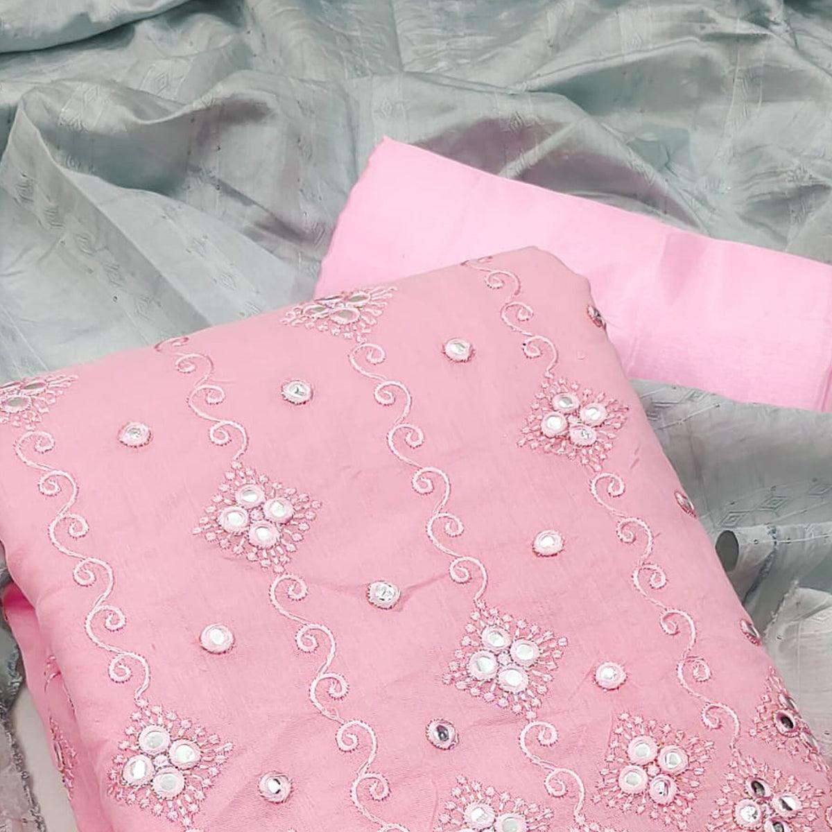 Pink Casual Wear Embroidered Chanderi Dress Material - Peachmode