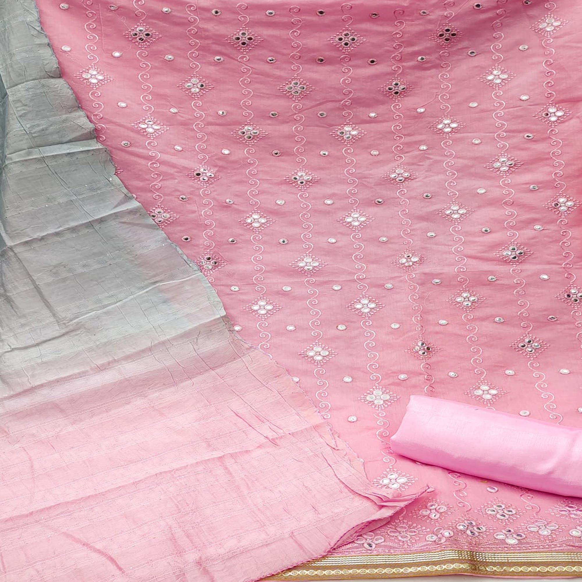 Pink Casual Wear Embroidered Chanderi Dress Material - Peachmode