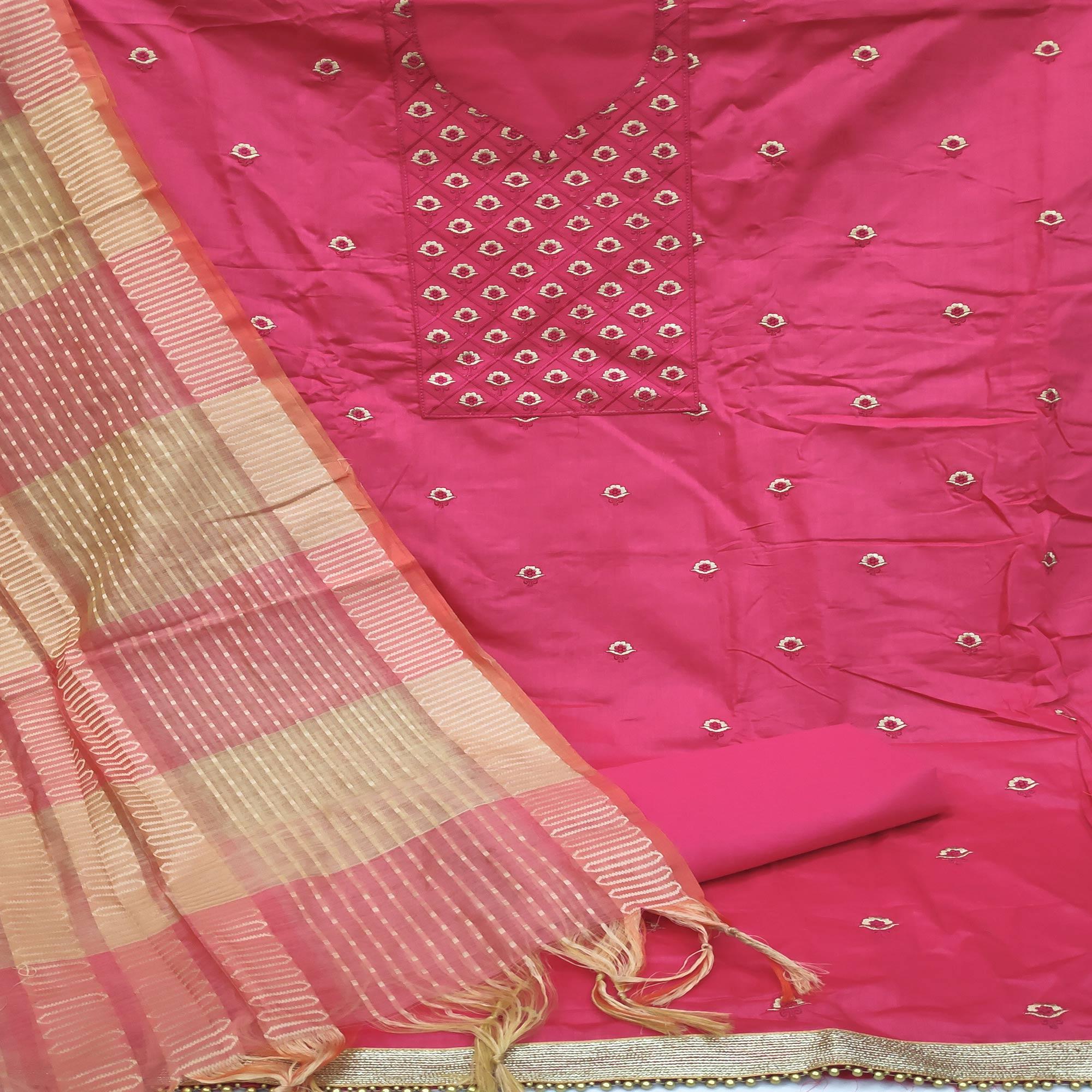 Pink Casual Wear Embroidered Cotton Dress Material - Peachmode