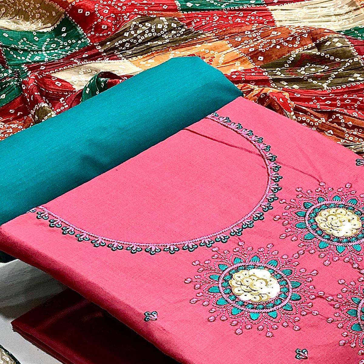 Pink Casual Wear Embroidered Cotton Dress Material - Peachmode