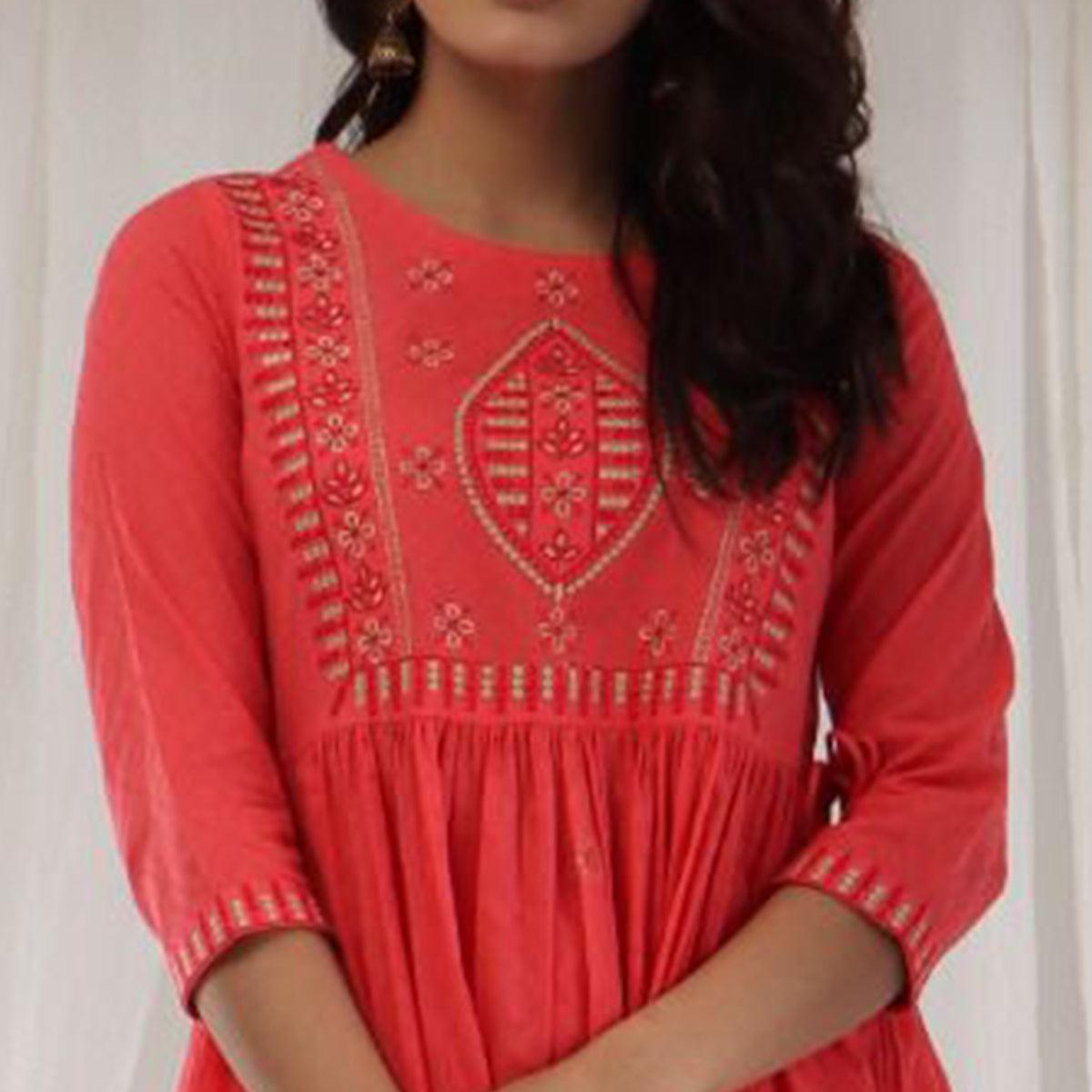 Pink Casual Wear Embroidered Cotton Kurti Pant - Peachmode