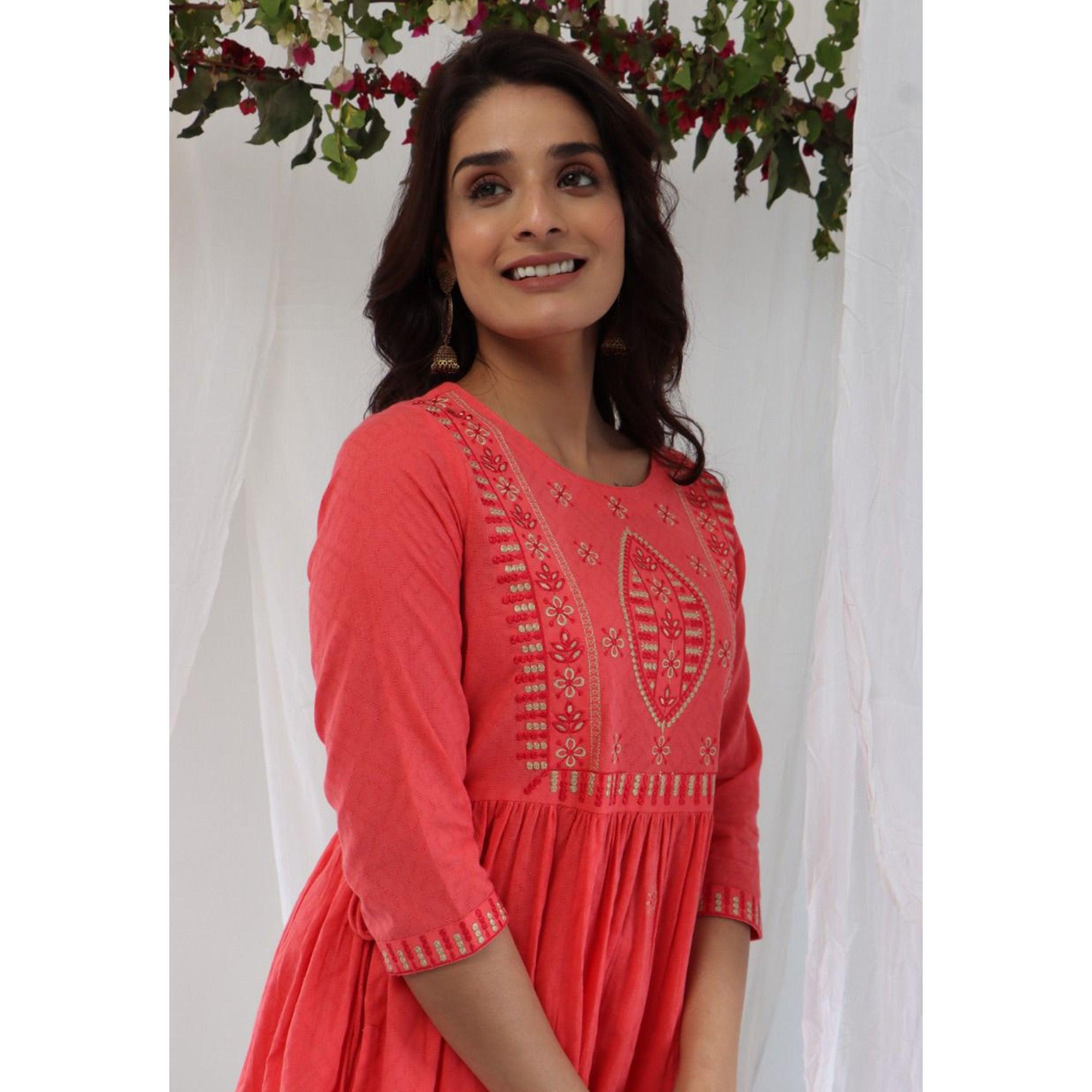 Pink Casual Wear Embroidered Cotton Kurti Pant - Peachmode