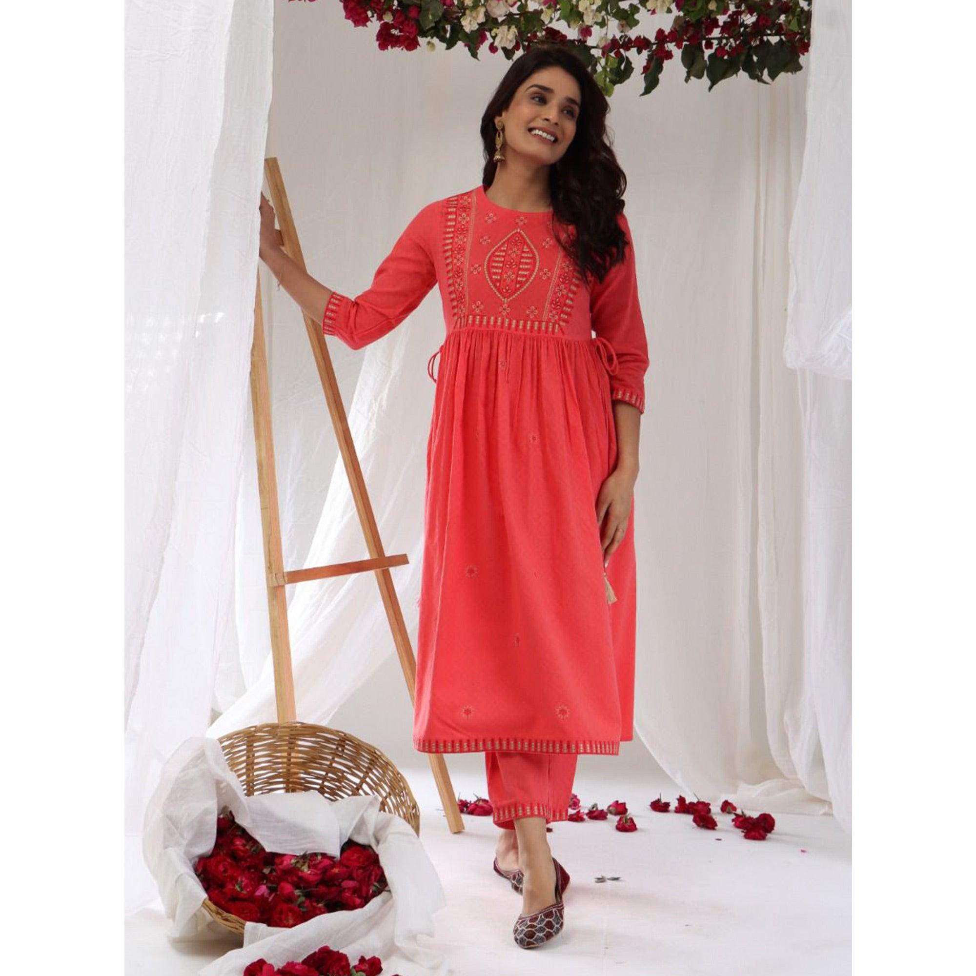 Pink Casual Wear Embroidered Cotton Kurti Pant - Peachmode