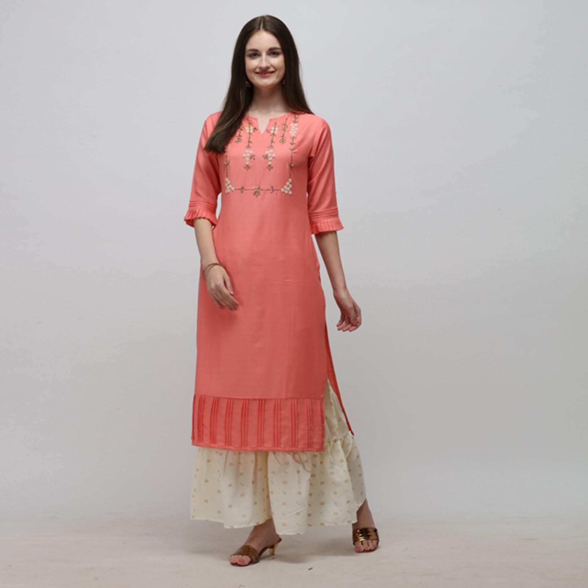 Pink Casual Wear Embroidered Cotton Kurti - Peachmode