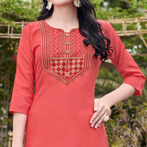 Pink Casual Wear Embroidered Cotton Kurti - Peachmode