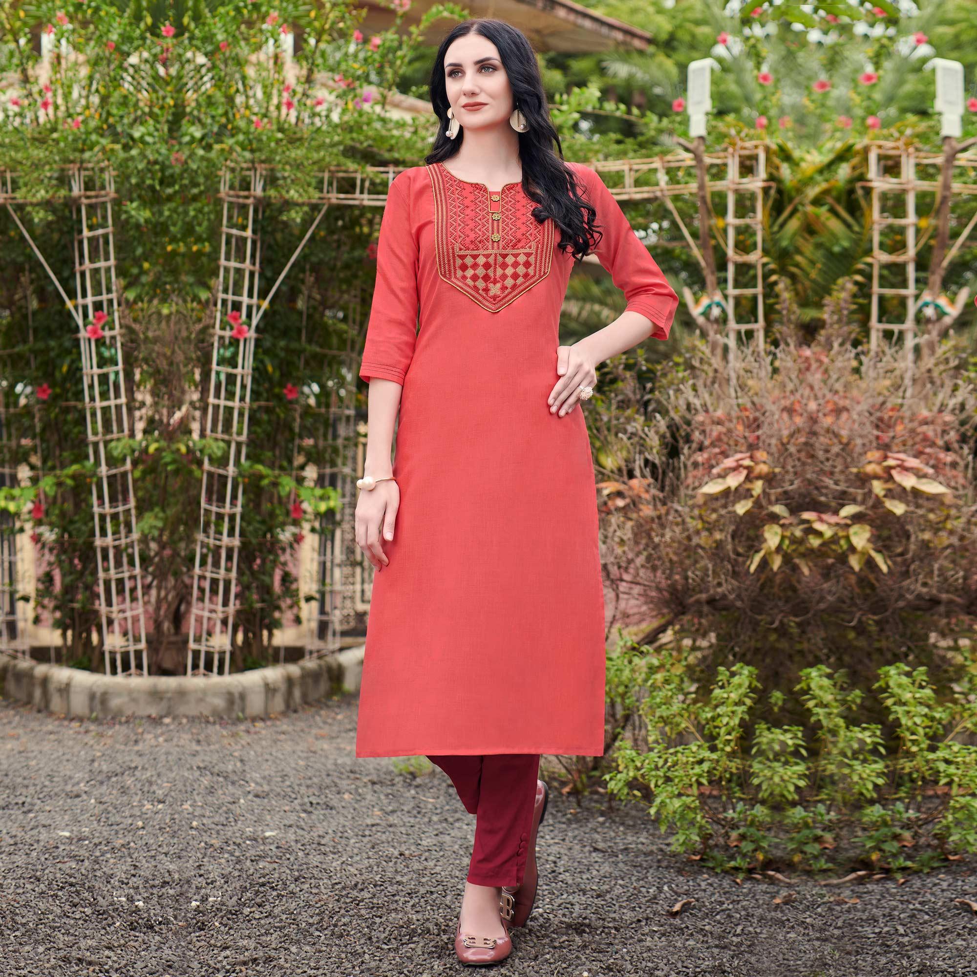 Pink Casual Wear Embroidered Cotton Kurti - Peachmode