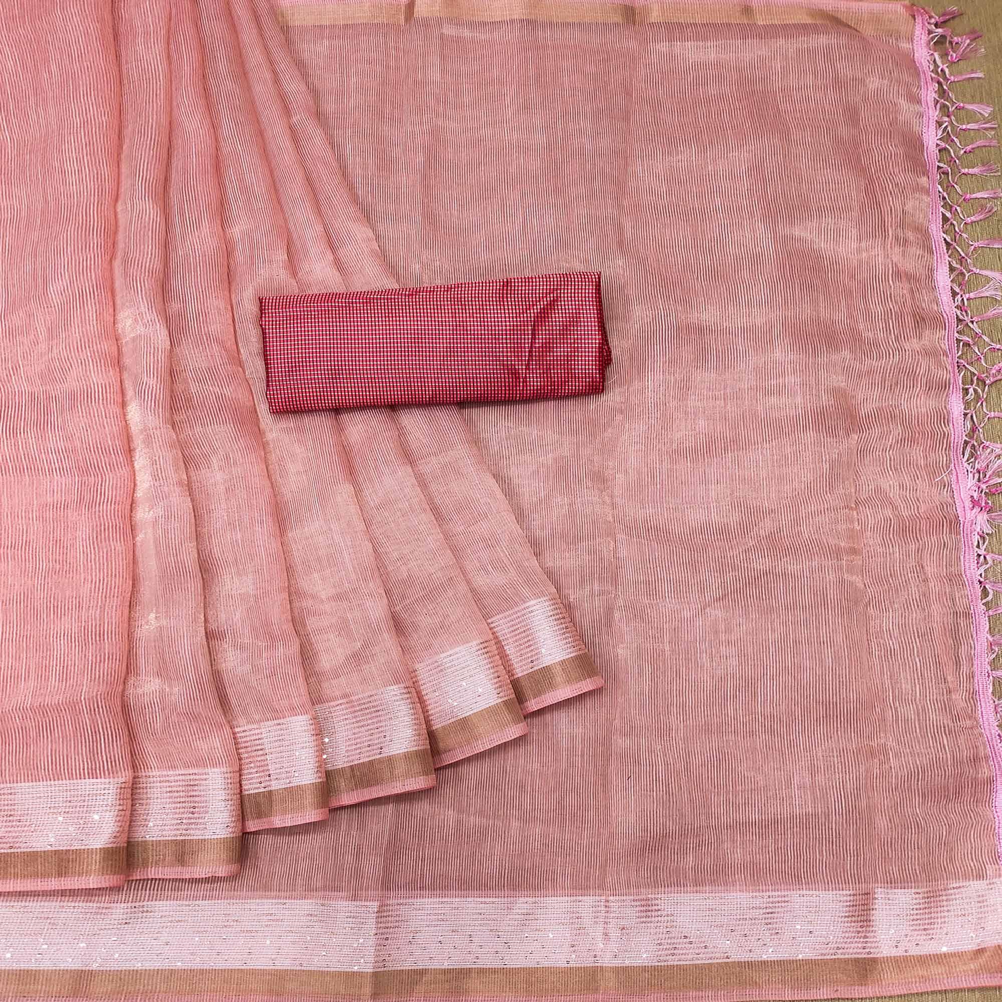 Pink Casual Wear Embroidered Cotton Saree With Tassels - Peachmode