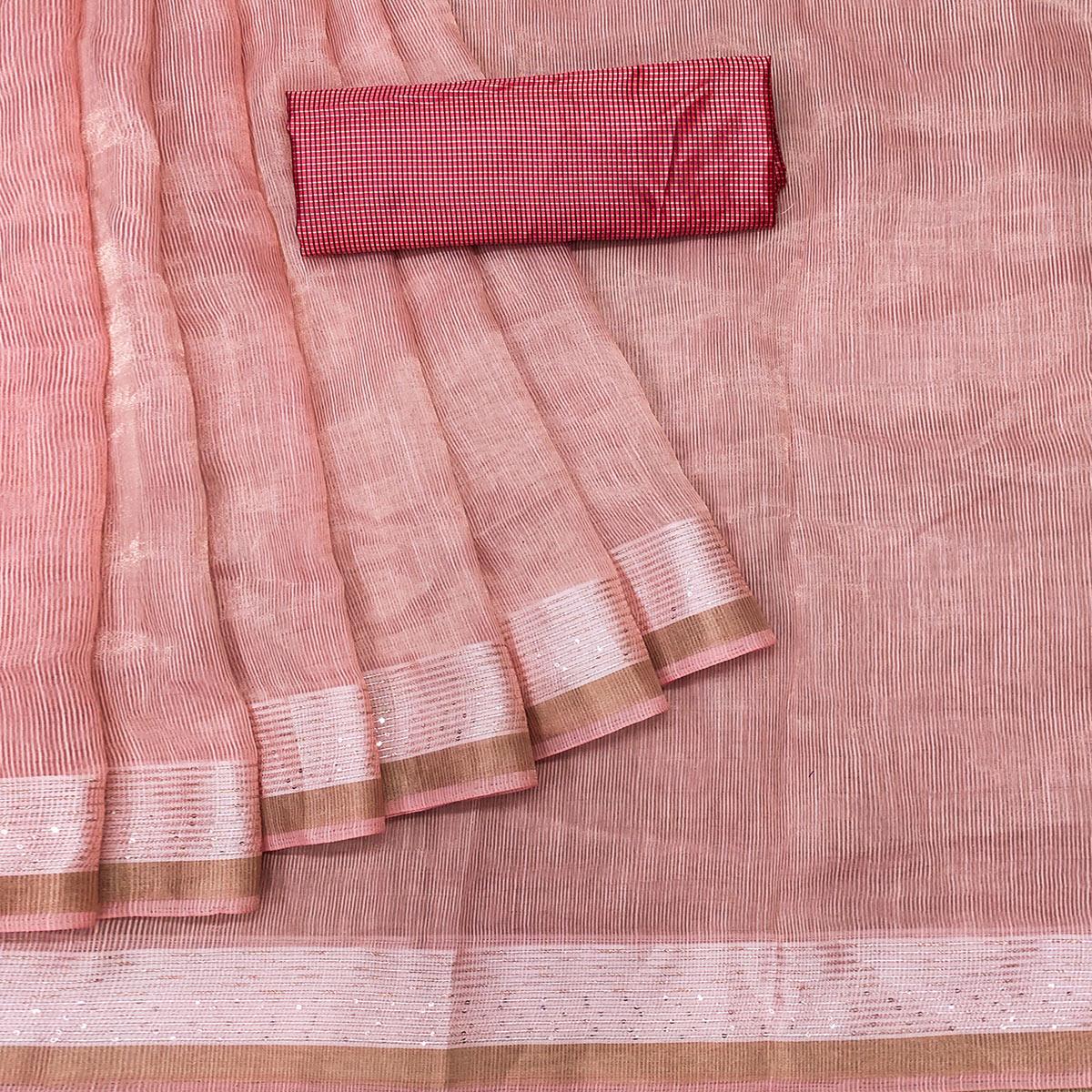 Pink Casual Wear Embroidered Cotton Saree With Tassels - Peachmode