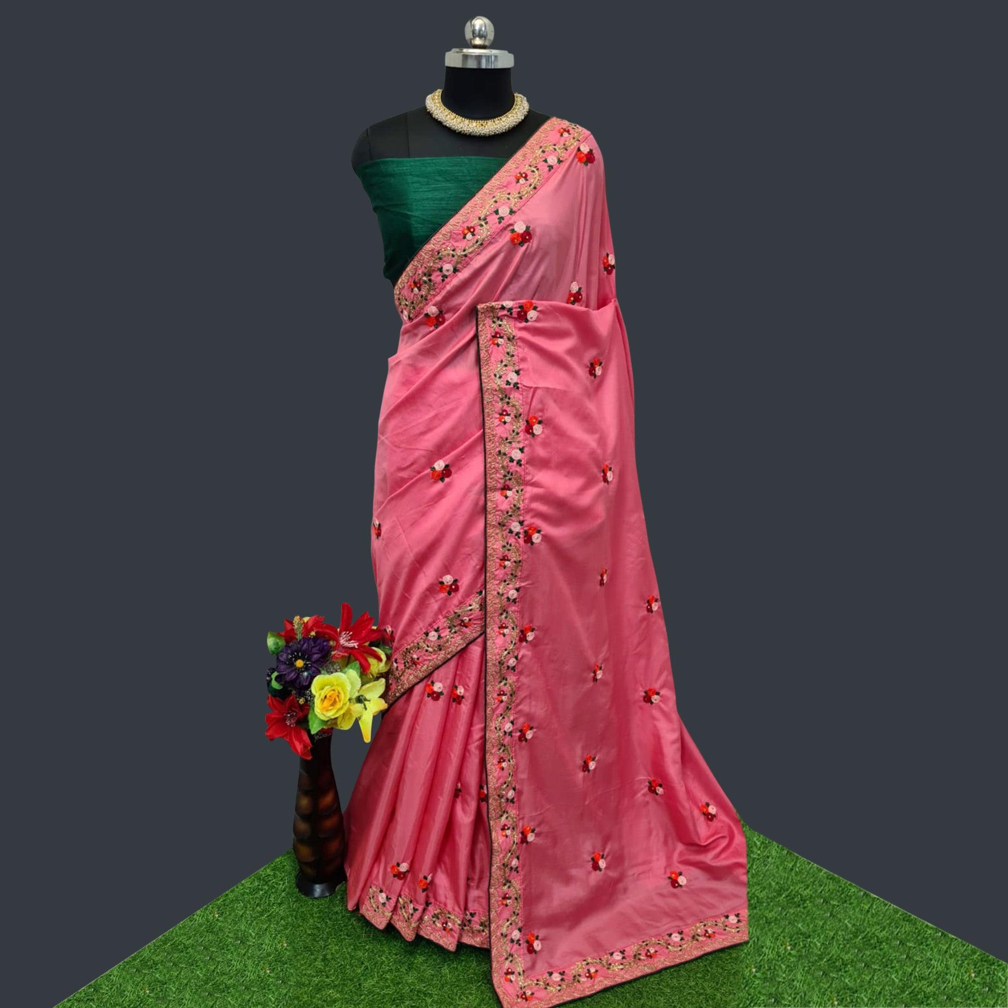 Pink Casual Wear Embroidered Dola Silk Saree - Peachmode