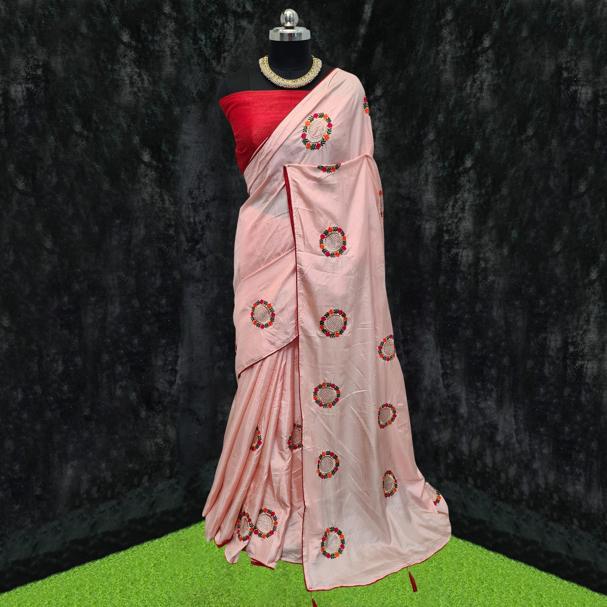 Pink Casual Wear Embroidered Dola Silk Saree - Peachmode