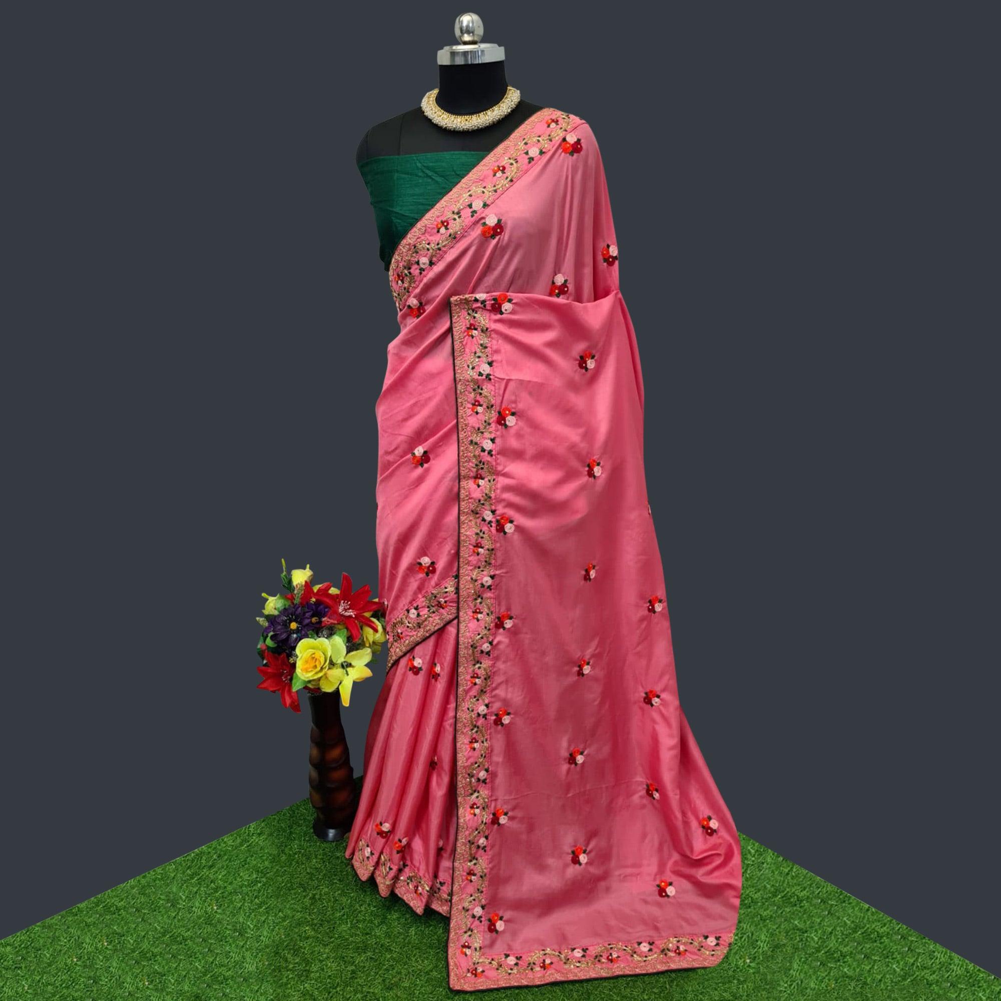 Pink Casual Wear Embroidered Dola Silk Saree - Peachmode