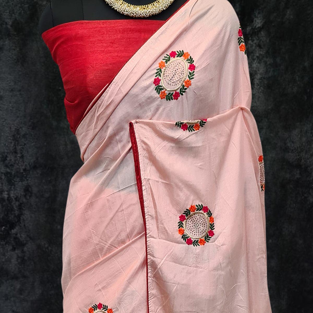 Pink Casual Wear Embroidered Dola Silk Saree - Peachmode