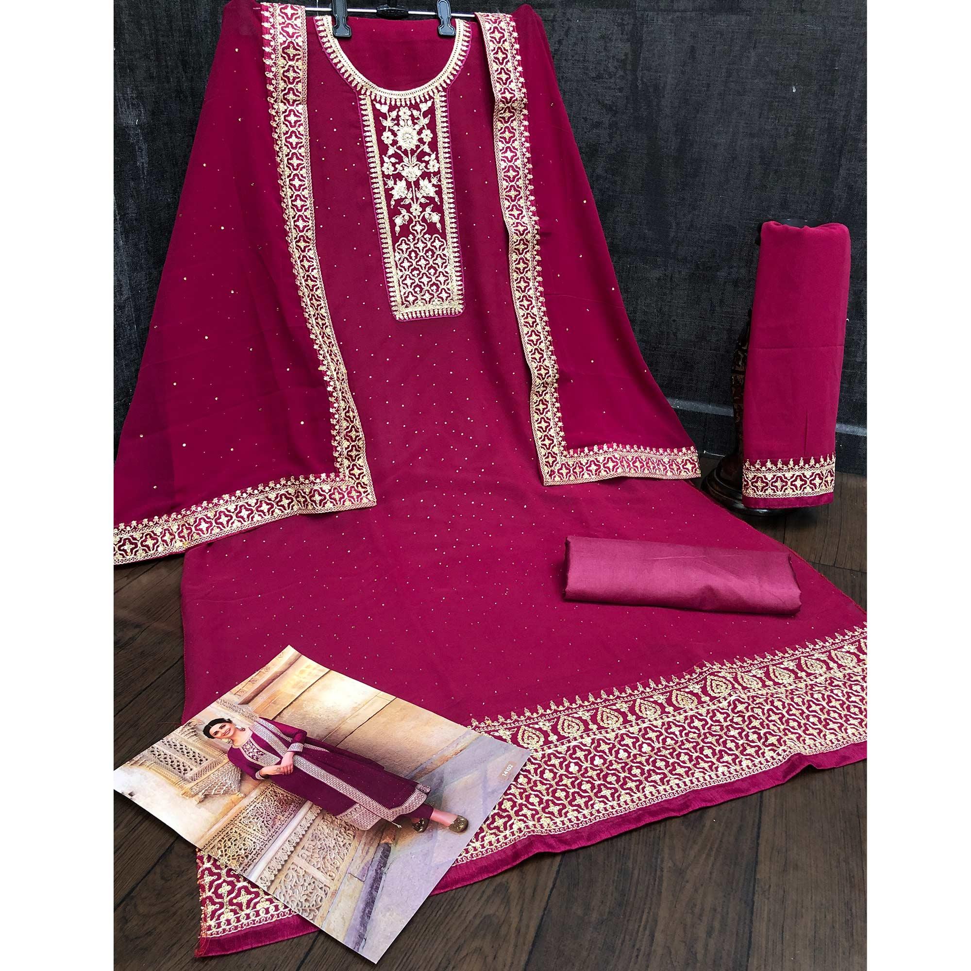 Pink Casual Wear Embroidered Faux Georgette Salwar Suit - Peachmode