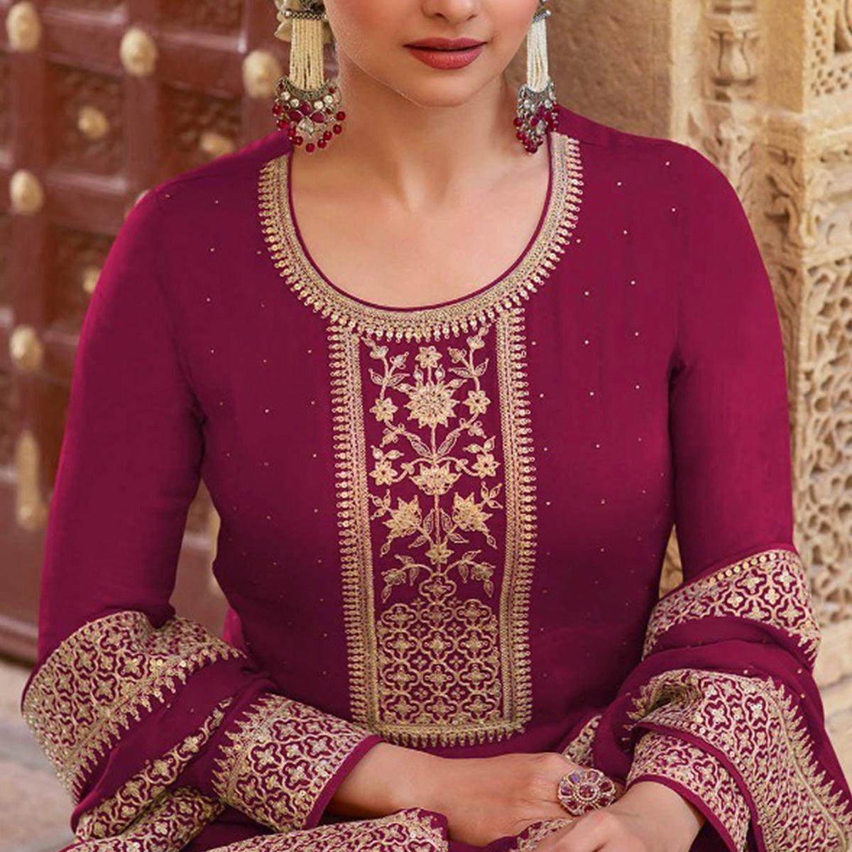 Pink Casual Wear Embroidered Faux Georgette Salwar Suit - Peachmode