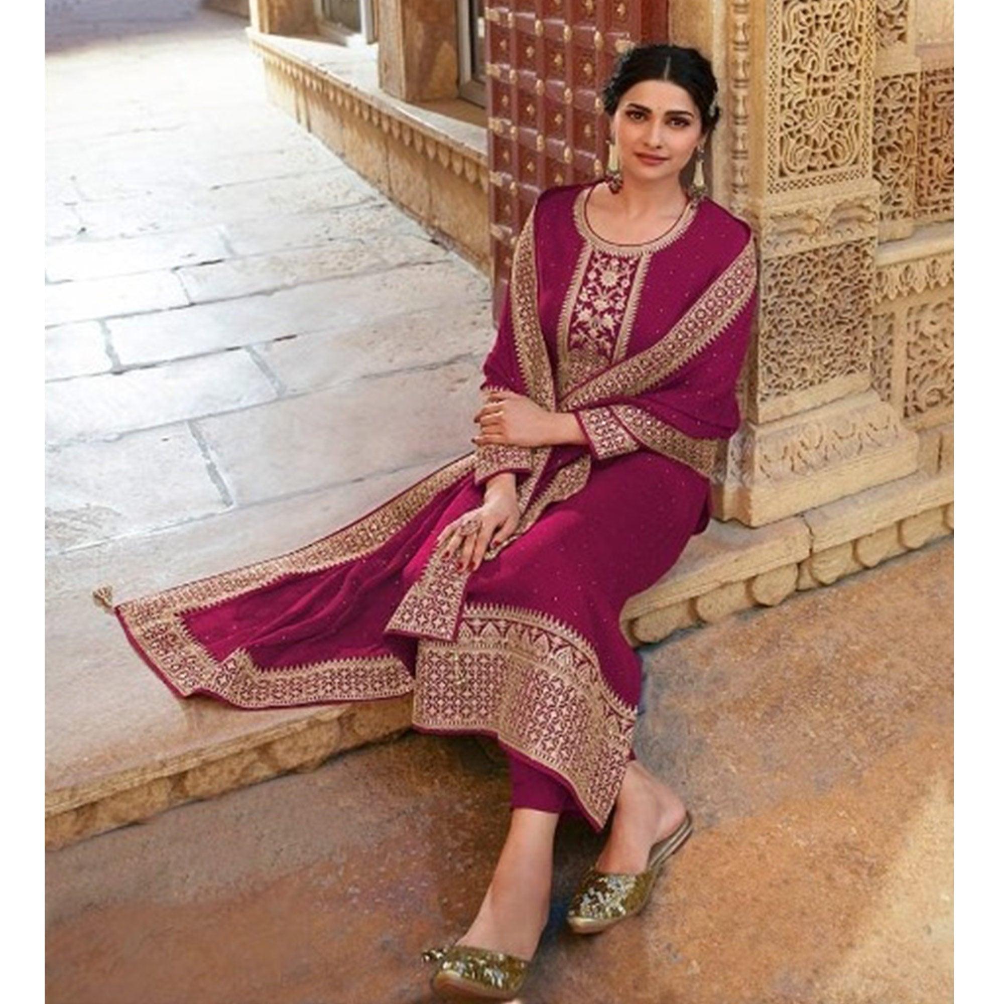 Pink Casual Wear Embroidered Faux Georgette Salwar Suit - Peachmode