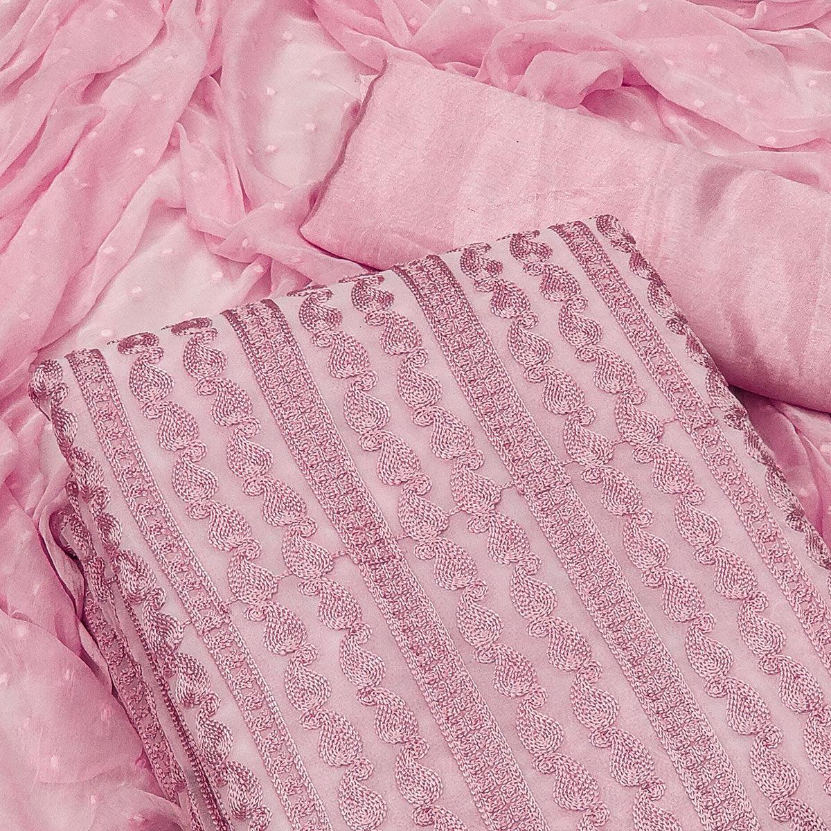 Pink Casual Wear Embroidered Georgette Dress Material - Peachmode