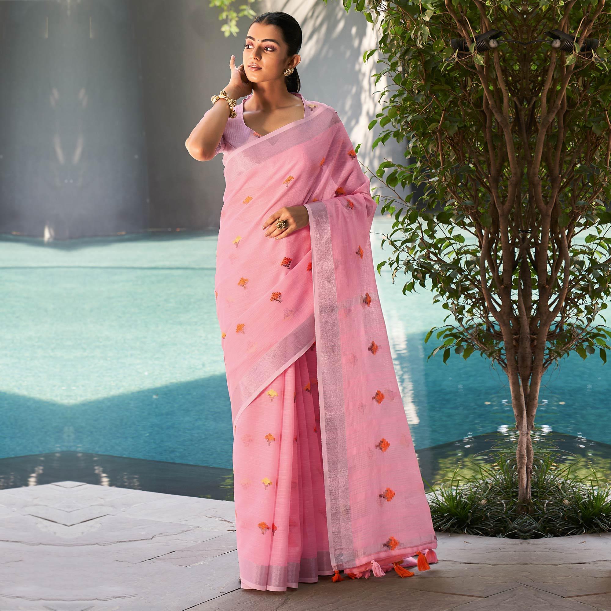 Pink Casual Wear Embroidered Linen Saree - Peachmode