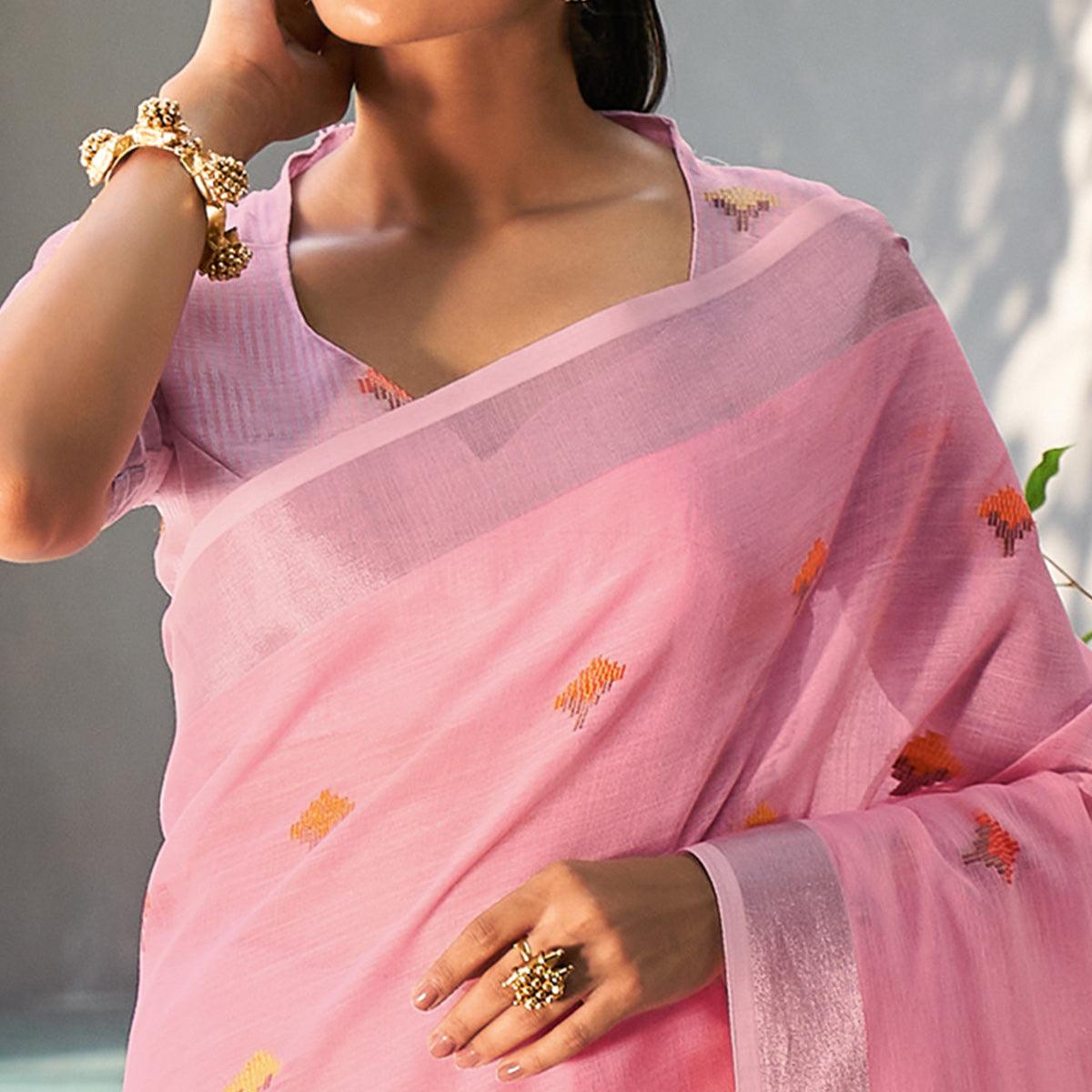 Pink Casual Wear Embroidered Linen Saree - Peachmode