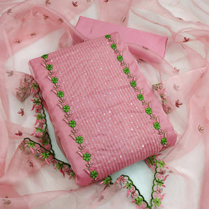 Pink Casual Wear Embroidered Organza Dress Material - Peachmode