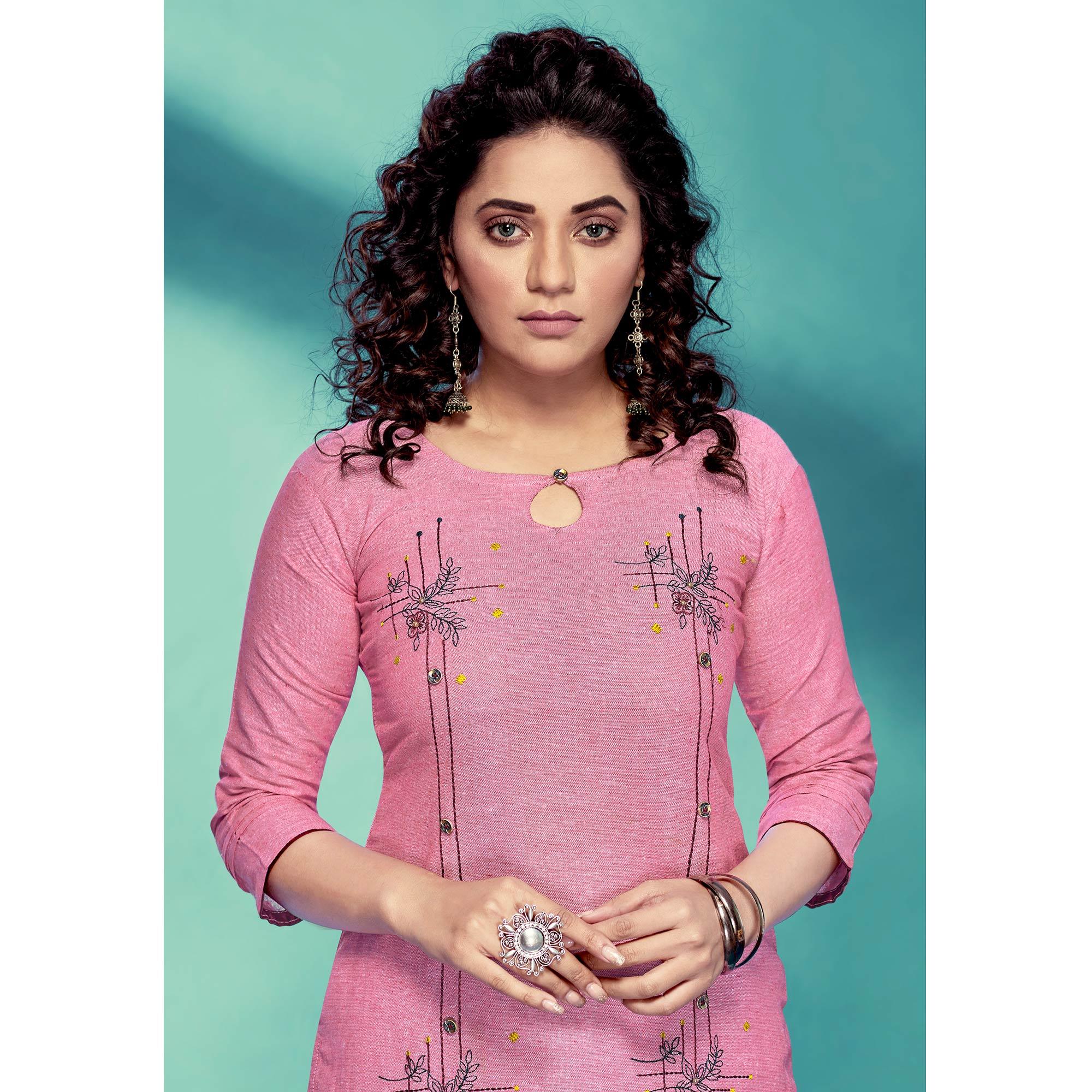 Pink Casual Wear Embroidered Pure Cotton Kurti - Peachmode