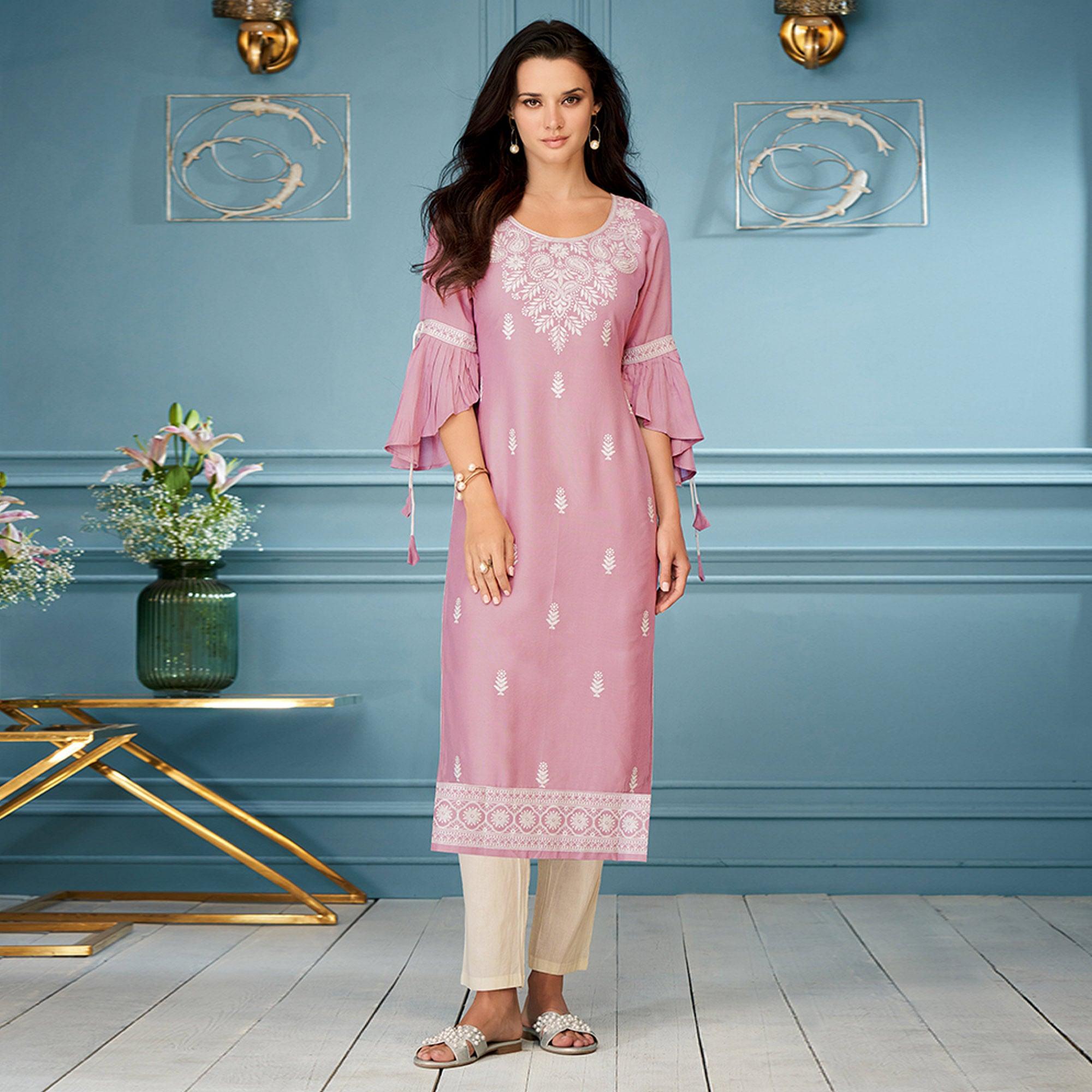 Pink Casual Wear Embroidered Rayon Kurti - Peachmode