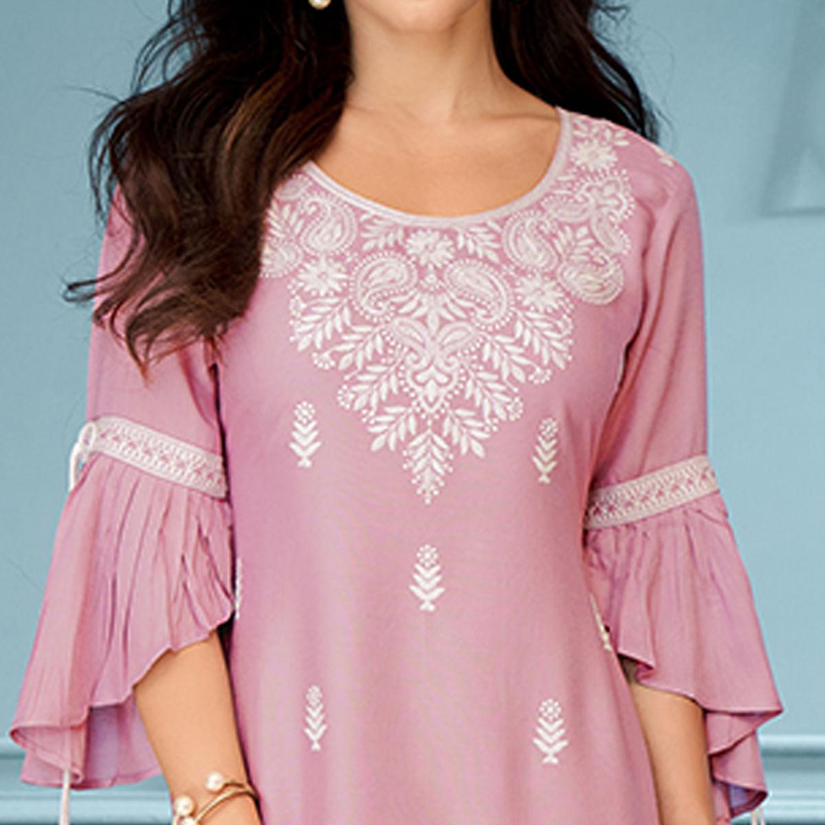 Pink Casual Wear Embroidered Rayon Kurti - Peachmode