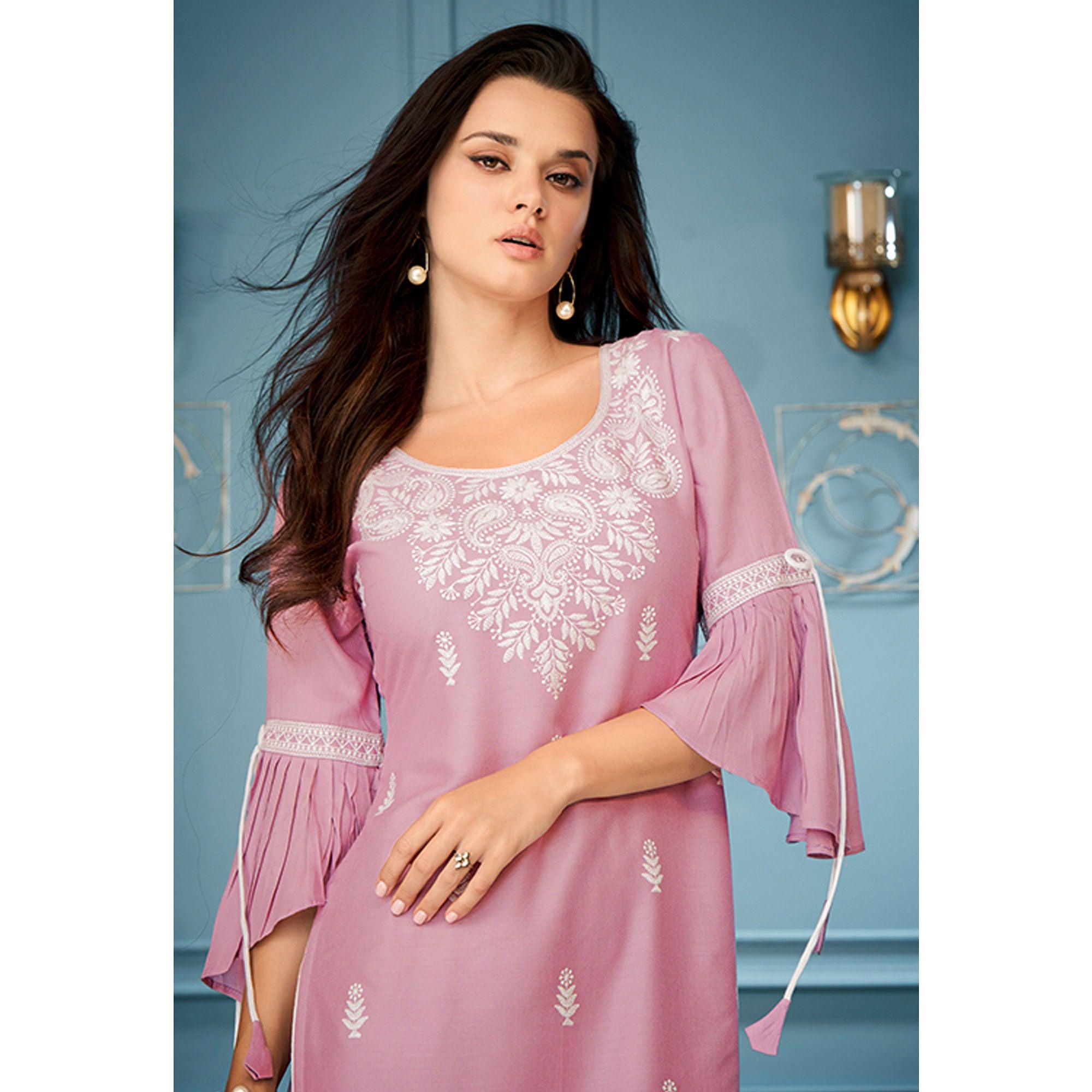 Pink Casual Wear Embroidered Rayon Kurti - Peachmode