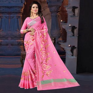 Pink Casual Wear Embroidered Supernet Saree - Peachmode