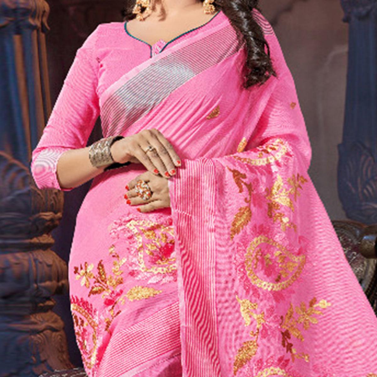 Pink Casual Wear Embroidered Supernet Saree - Peachmode