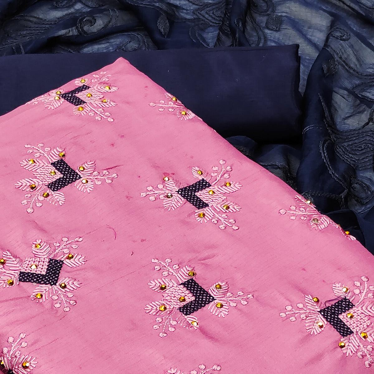 Pink Casual Wear Embroidered Zora Silk Dress Material - Peachmode