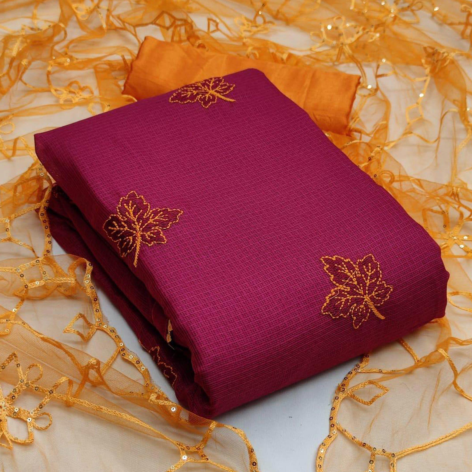 Pink Casual Wear Embroidery With Kota Checks Dress Material - Peachmode