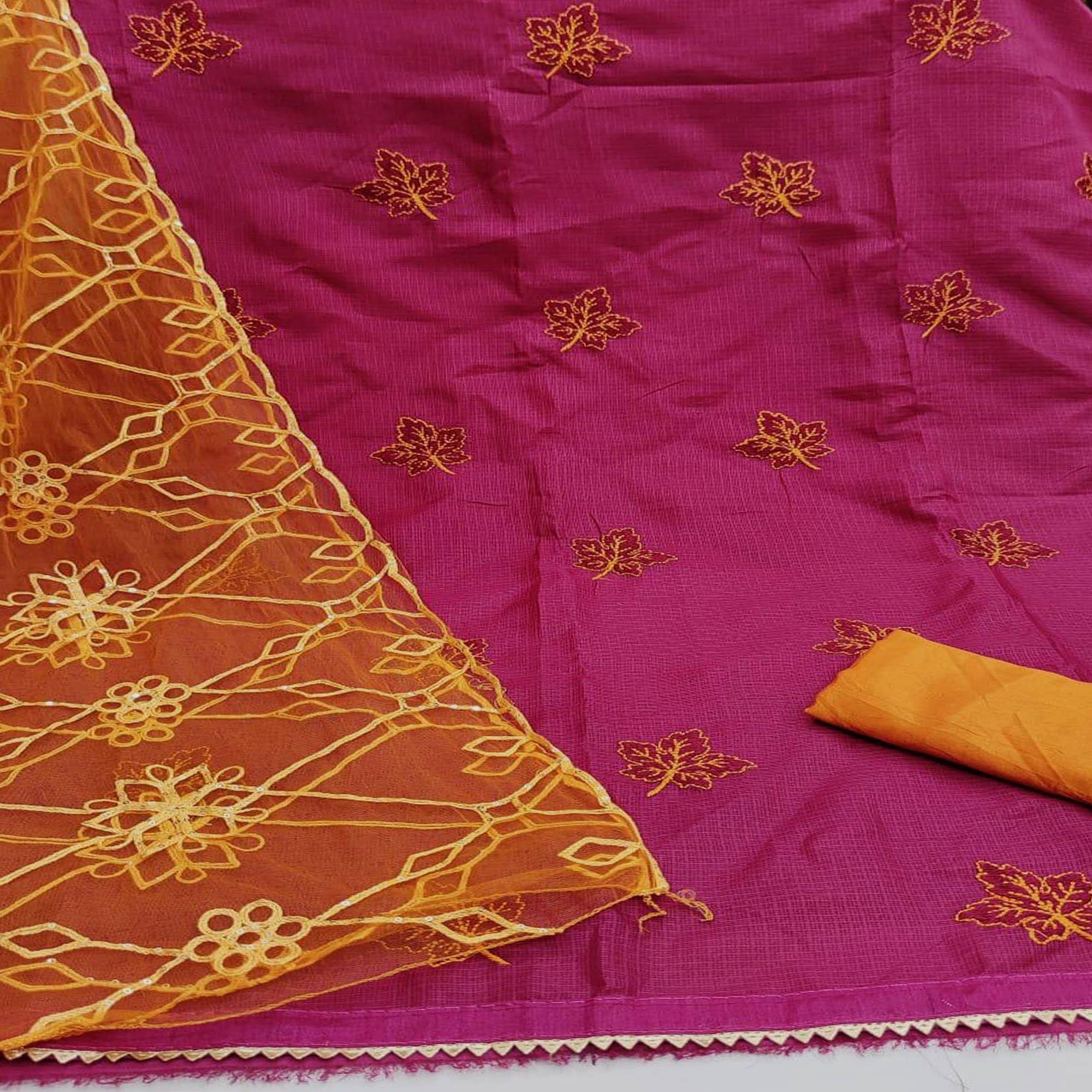 Pink Casual Wear Embroidery With Kota Checks Dress Material - Peachmode