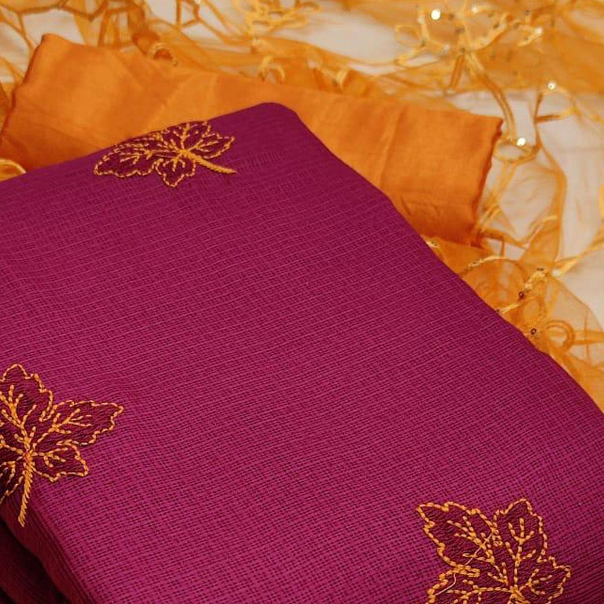 Pink Casual Wear Embroidery With Kota Checks Dress Material - Peachmode