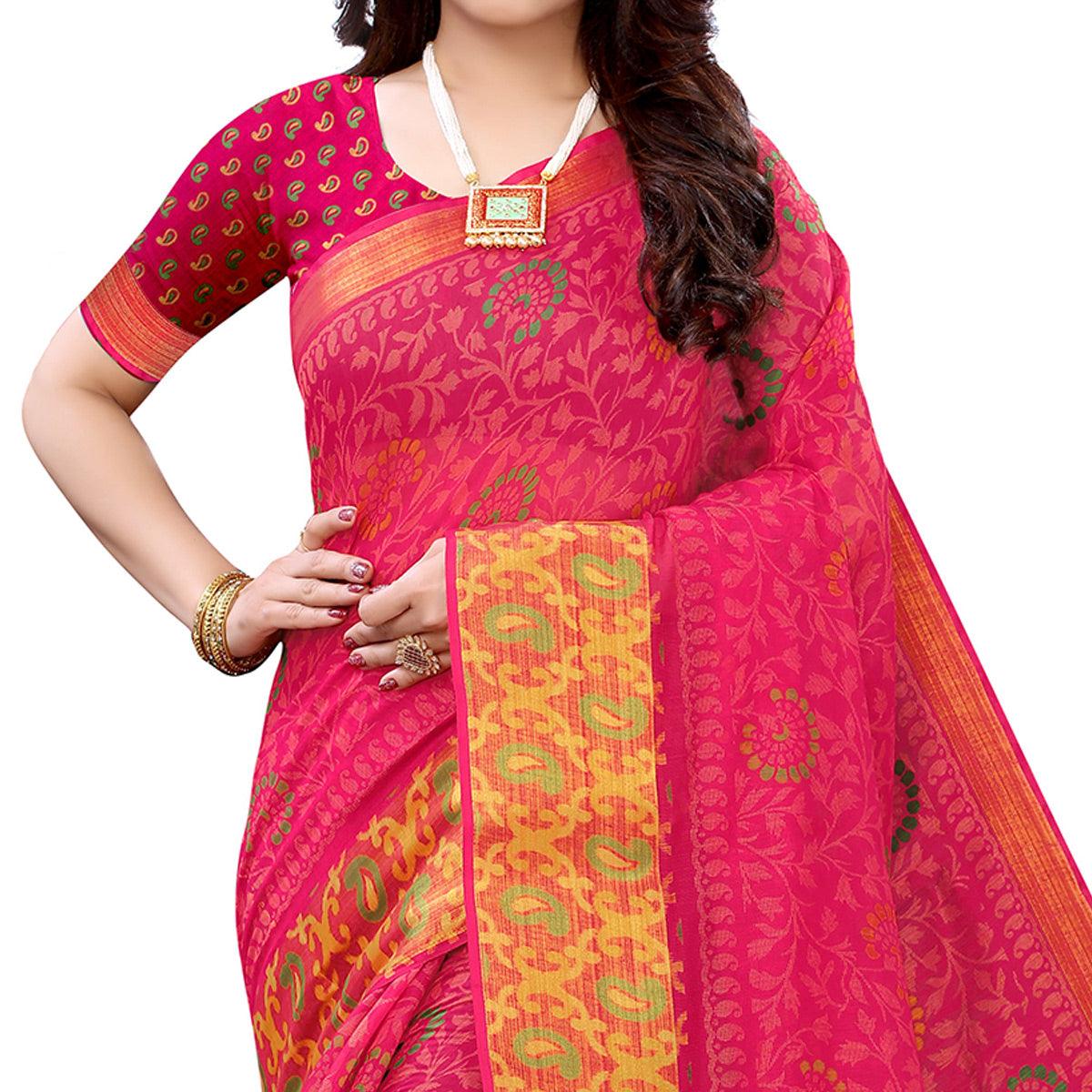 Pink Casual Wear Fancy Printed Heavy Linen Saree With Zari Border - Peachmode