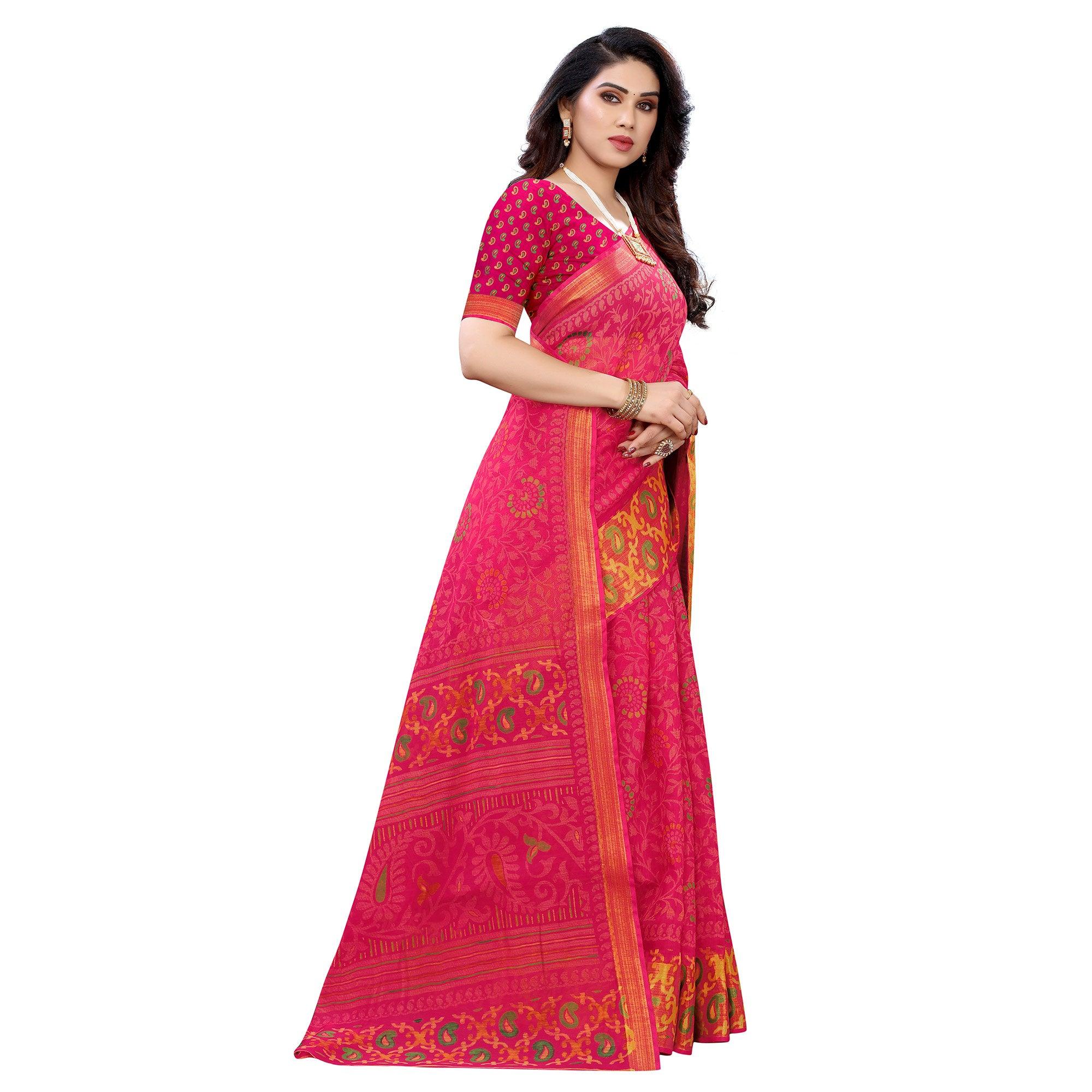 Pink Casual Wear Fancy Printed Heavy Linen Saree With Zari Border - Peachmode