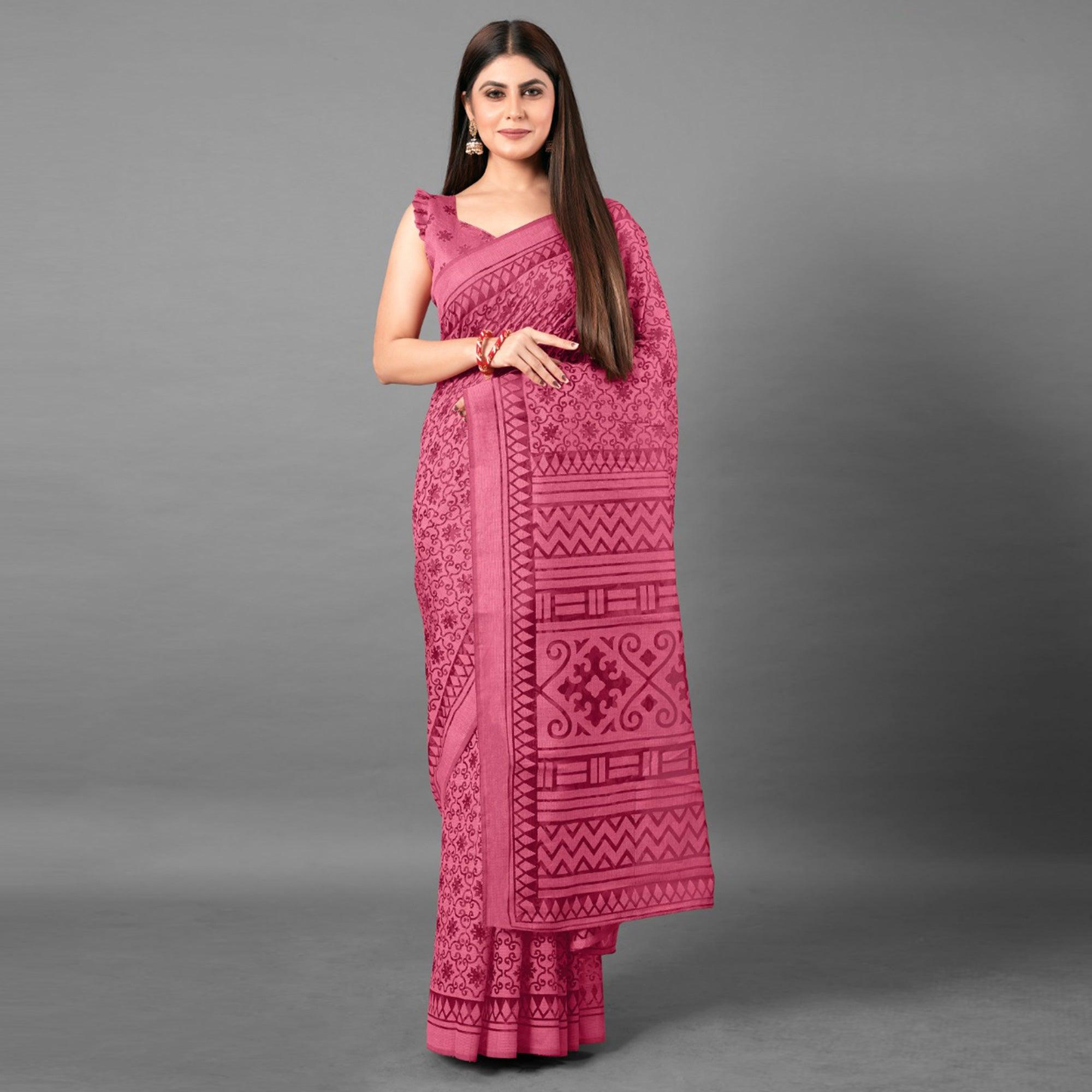 Pink Casual Wear Floral Brasso Saree - Peachmode