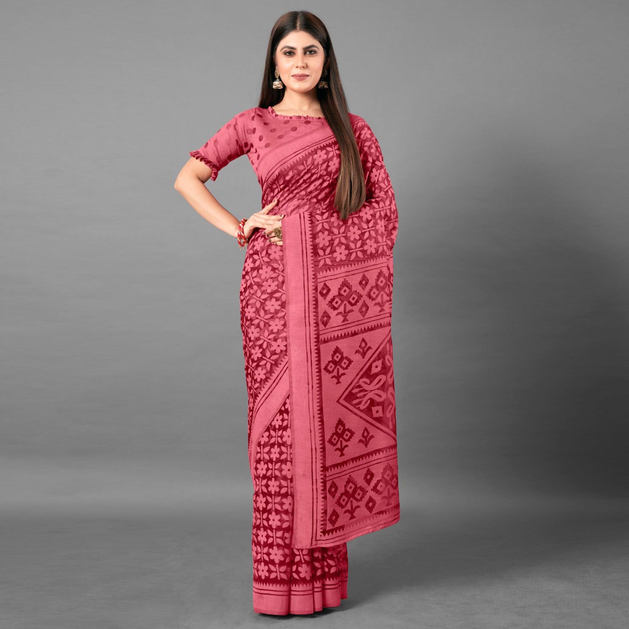 Pink Casual Wear Floral Brasso Saree - Peachmode